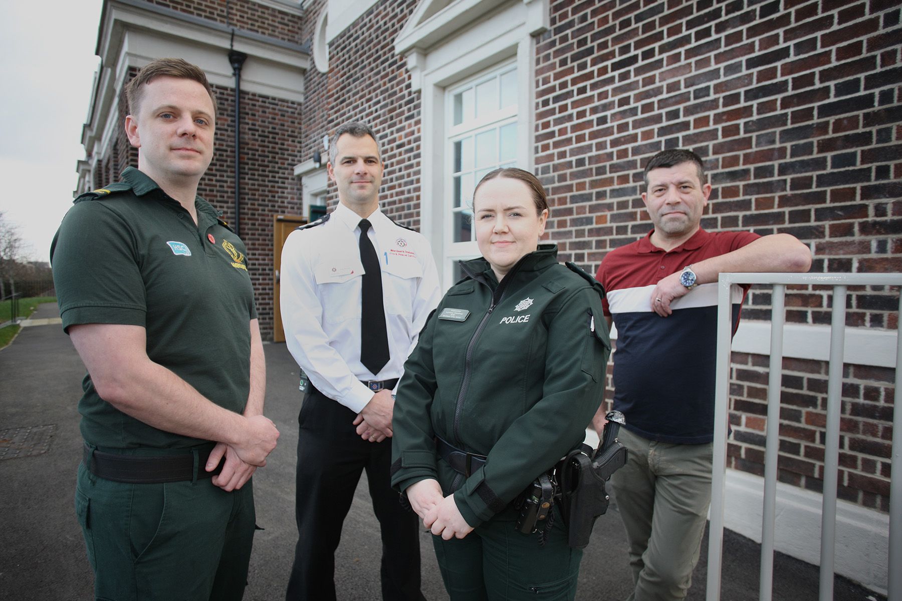 ATTACKS: Barry Costello (NIAS), Andy McVeigh (NIFRS), Lynsey Moutray (PSNI) and Séan Valente (USDT) outside St Comgalls 
