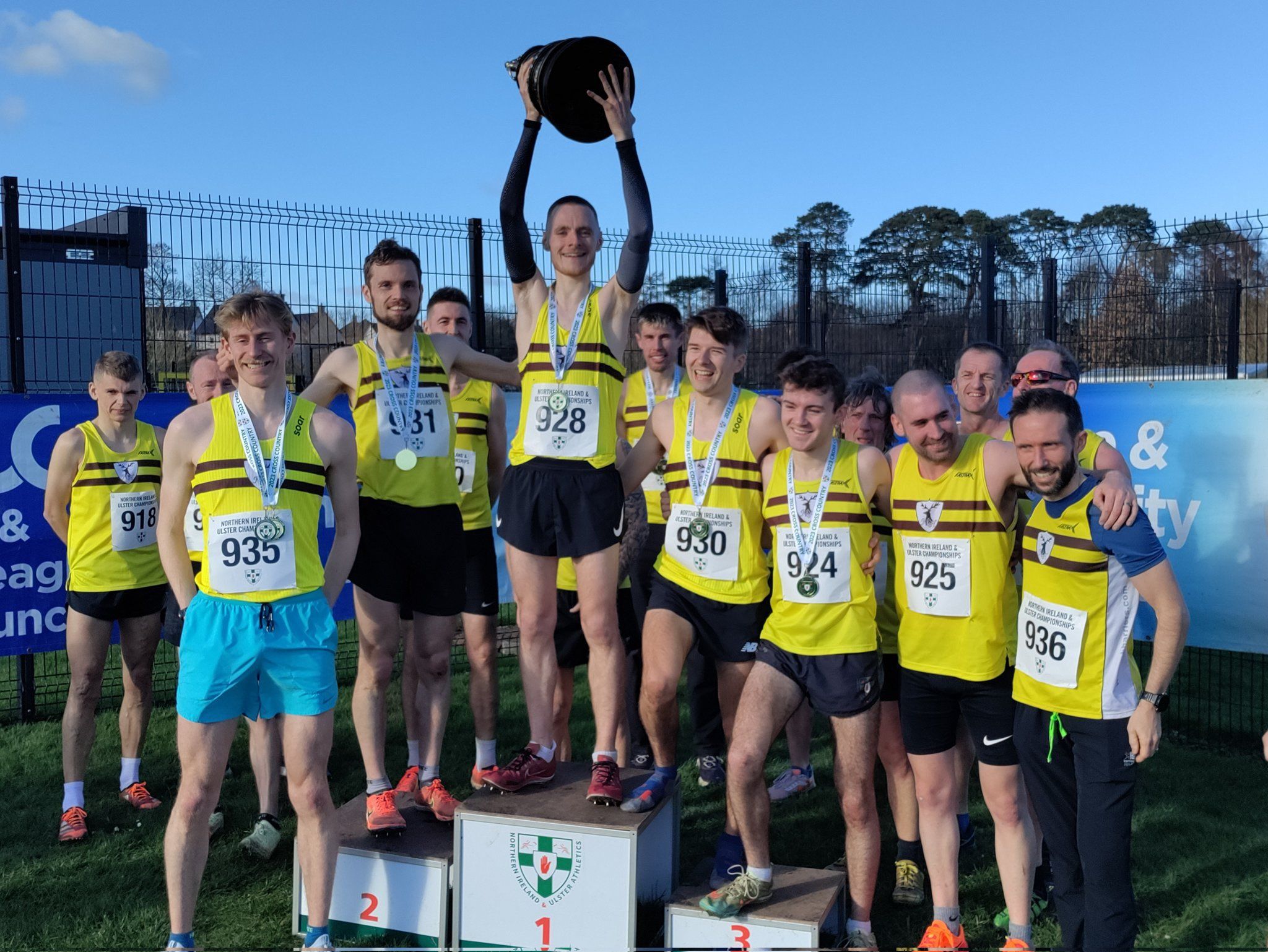 The North Belfast Harriers\' men\'s team celebrate their win on Sunday 