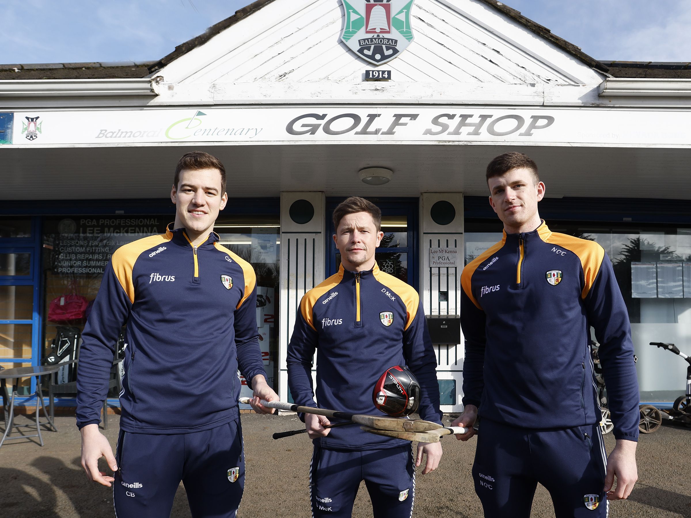 Antrim hurlers (L-R): Conall Bohill, Daniel McKernan and Niall O\'Connor at the launch of the 2023 Antrim Senior Hurling Golf Classic that takes place at Balmoral Golf Course on April 14