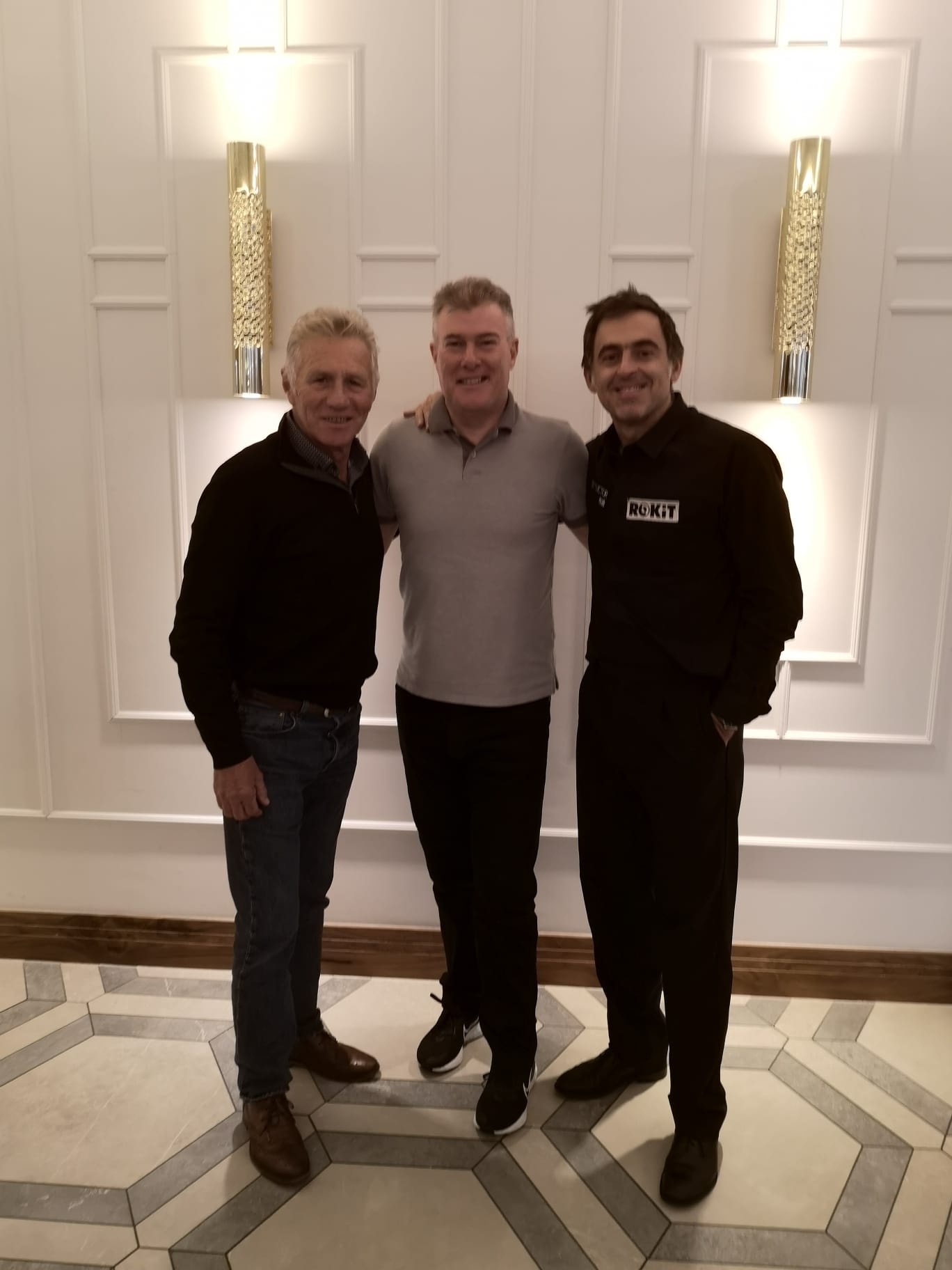 Eamonn Christie with seven-time world snooker champion, Ronnie O\'Sullivan, and former world 5000m champion Eamonn Coughlan