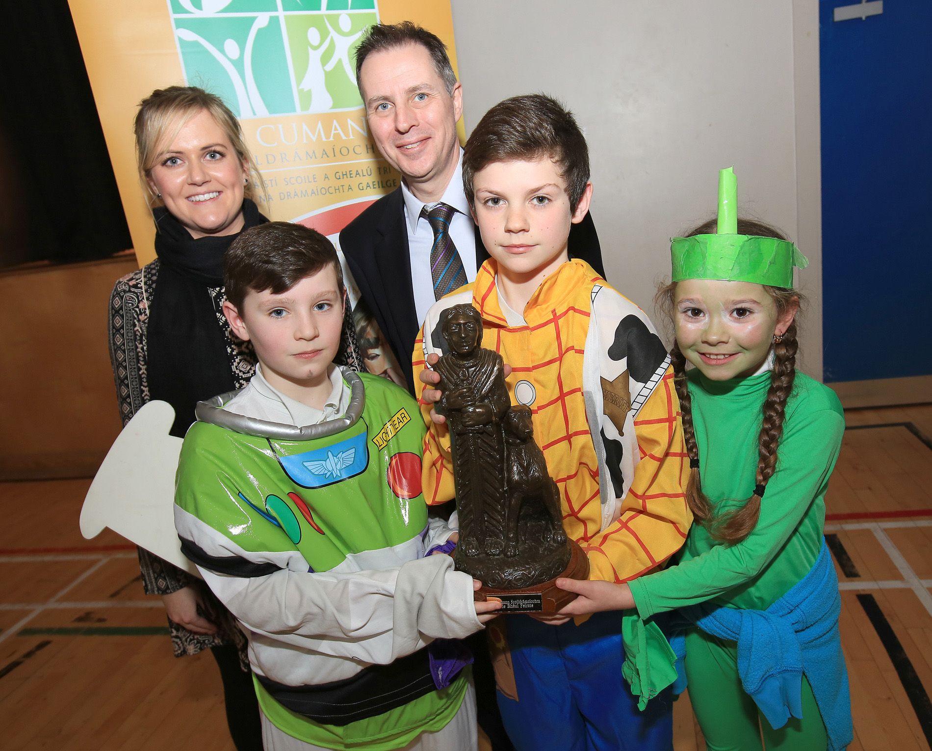 FÉILE: Gaelscoil students and the principal of Coláiste Feirste, Mícheal Mac Giolla Ghunna