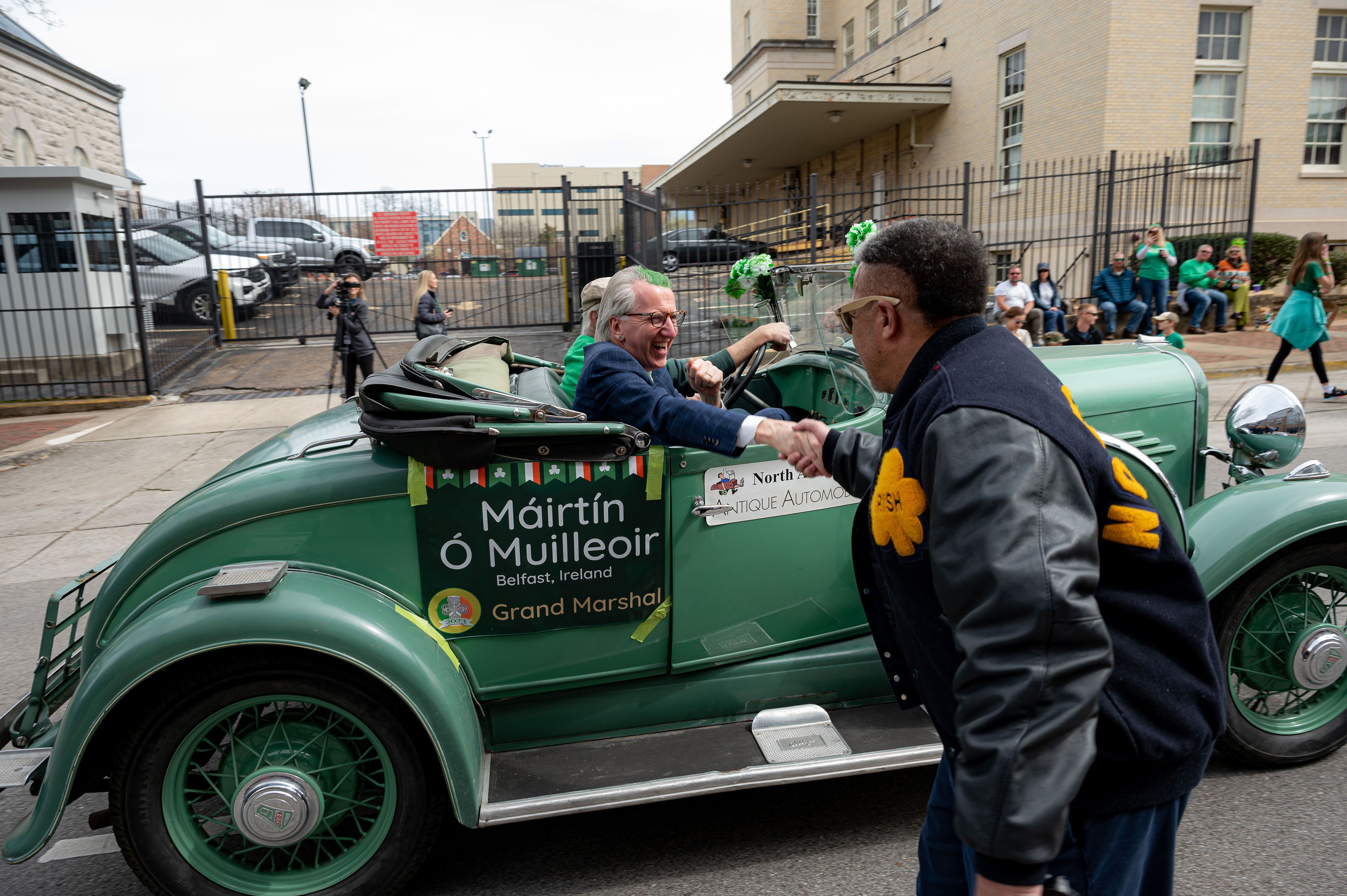 TOOT-TOOT: Soaking up the attention and the rays at the Huntsville, Alabama, St Patrick\'s Day parade as Sonnie Hereford, civil rights icon and parade stalwart, shakes my hand.