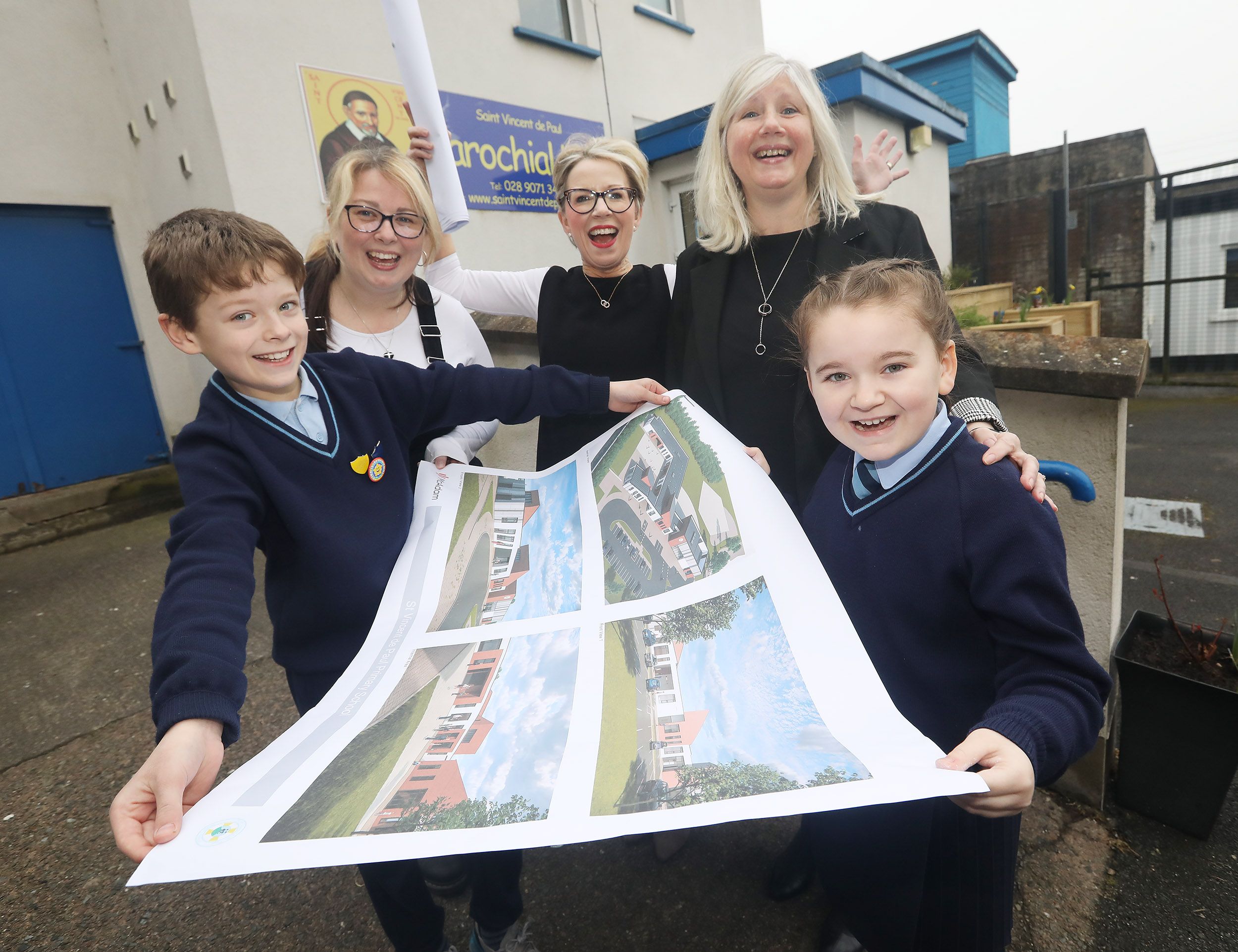 NEW SCHOOL PLANS: Joseph Smith (P7), Leigh Smith (Board of Governors), Bronagh McVeigh (Principal), Christine Burns (Board of Governors) and Melissa Hughes (P5) 