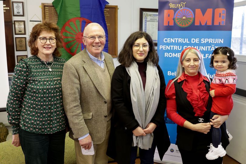 ROMA COMMUNITY: Briege Arthurs of FSP with Cllr John Kyle, chair of Belfast City Council’s Shared City Partnership, Mihaela Cristache, interpreter, and Anca Milac, a participant on the Roma Support project