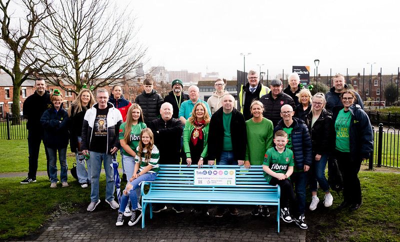 IN THIS TOGETHER: Lord Mayor of Belfast, Councillor Tina Black, is joined by residents and community representatives to unveil a ‘Take 5 Steps to Wellbeing’ bench in Dunville Park