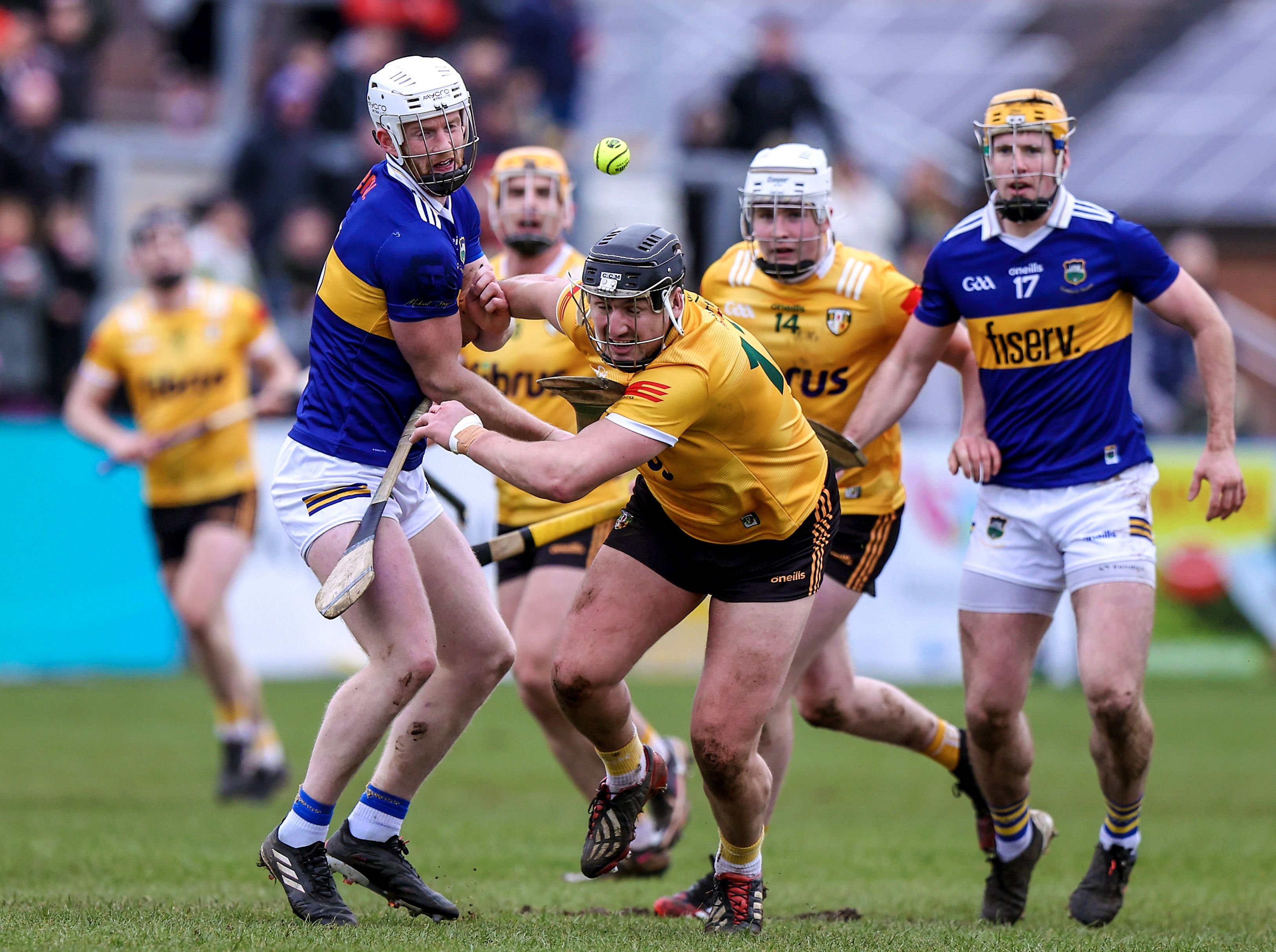 Domhnall Nugent and Tipperary\'s Michael Breen compete for the ball on Sunday 