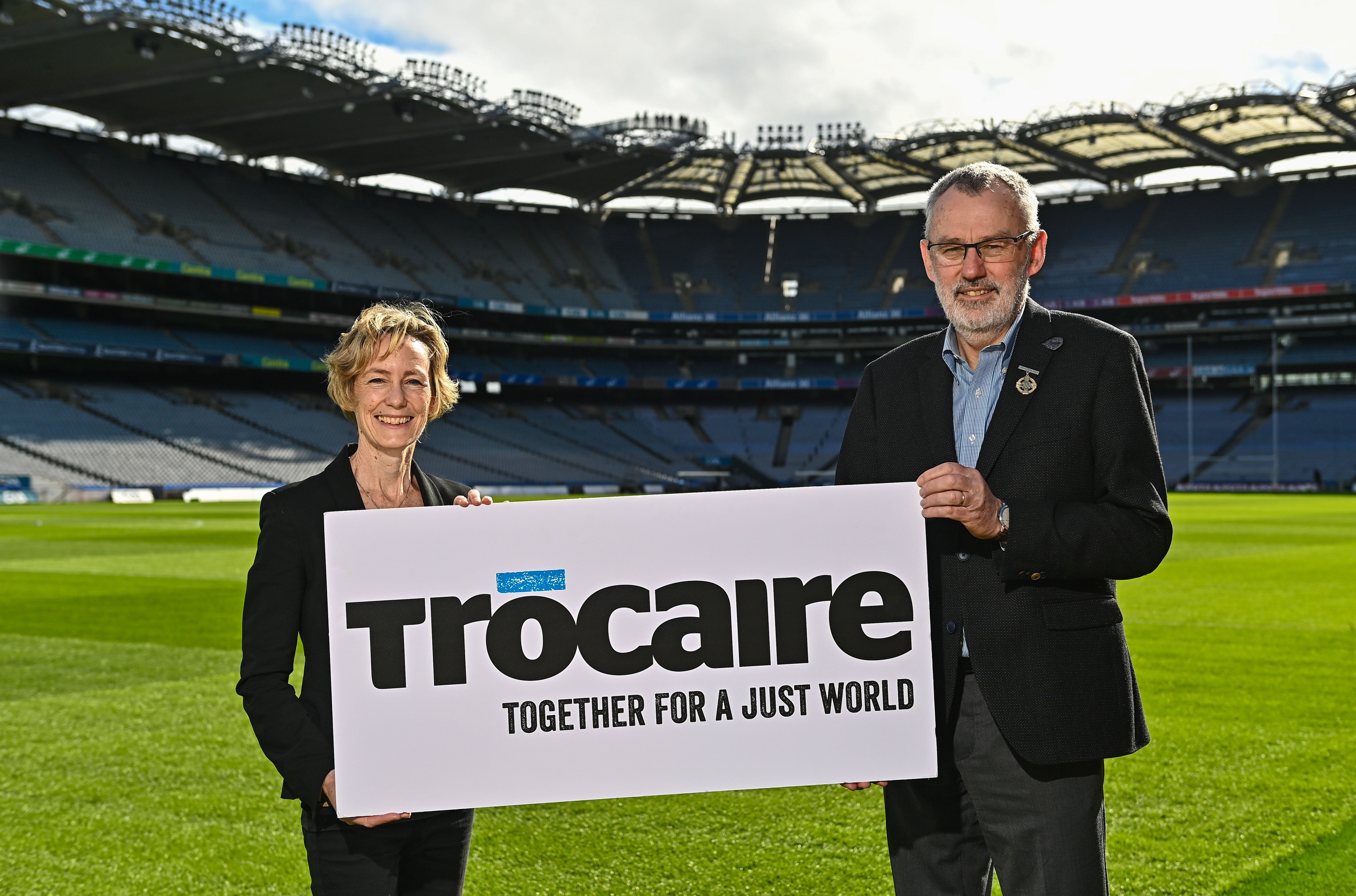 TAKING THE FIELD TOGETHER: Chief Executive Officer of Trócaire Caoimhe de Barra and Uachtarán Chumann Lúthchleas Gael Larry McCarthy during a GAA Charity Partners 2023 event at Croke Park in Dublin