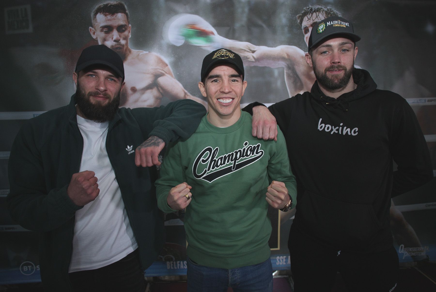 Anthony Cacace (left) and Padraig McCrory (right) will have their own assignments on May 27 when Michael Conlan (centre) challenges Luis Alberto Lopez for the IBF featherweight title 