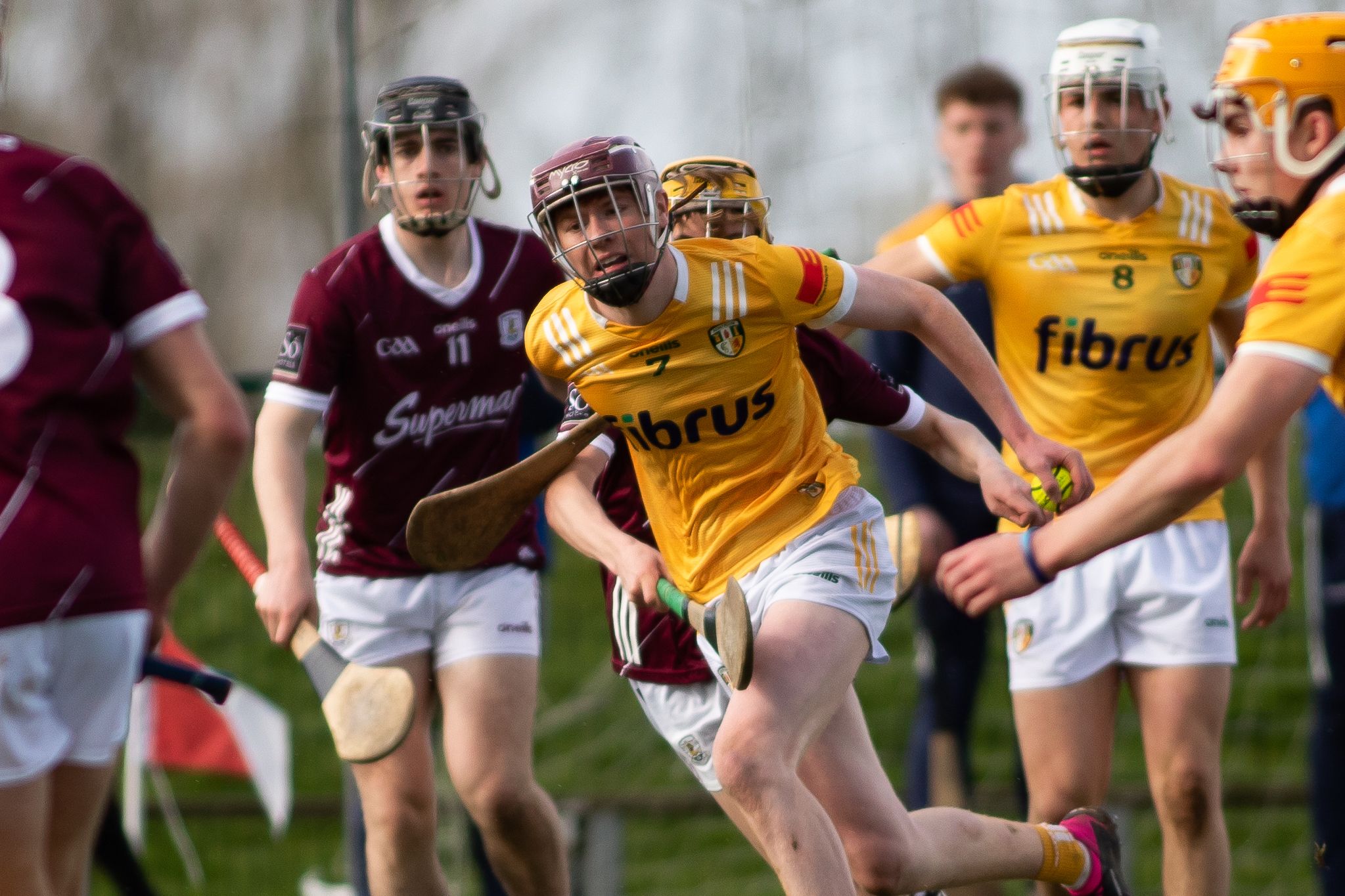 Antrim\'s Charlie McAuley bursts forward during Saturday\'s Leinster MHC game against Galway in Darver 