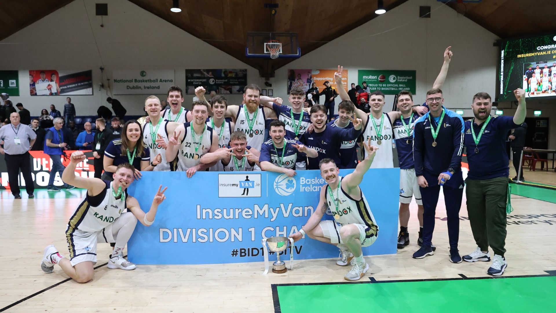 Ulster University celebrate their overtime win over Limerick Sport Eagles that sealed their promotion to the Super League 