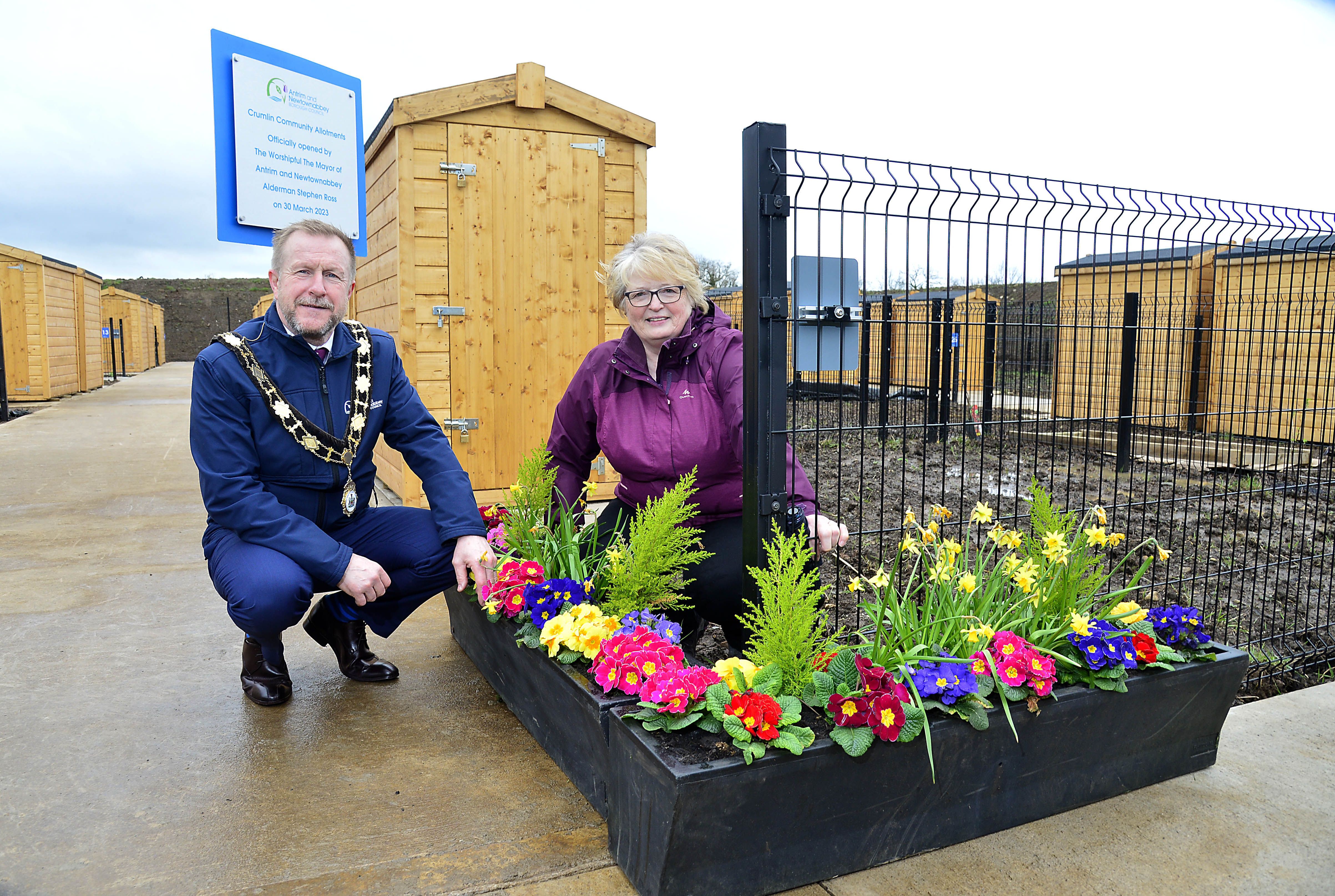 GREEN FINGERS: Mayor of Antrim and Newtownabbey, Alderman Stephen Ross with Crumlin allotment holder Jean Lytle at the Crumlin Community Allotments