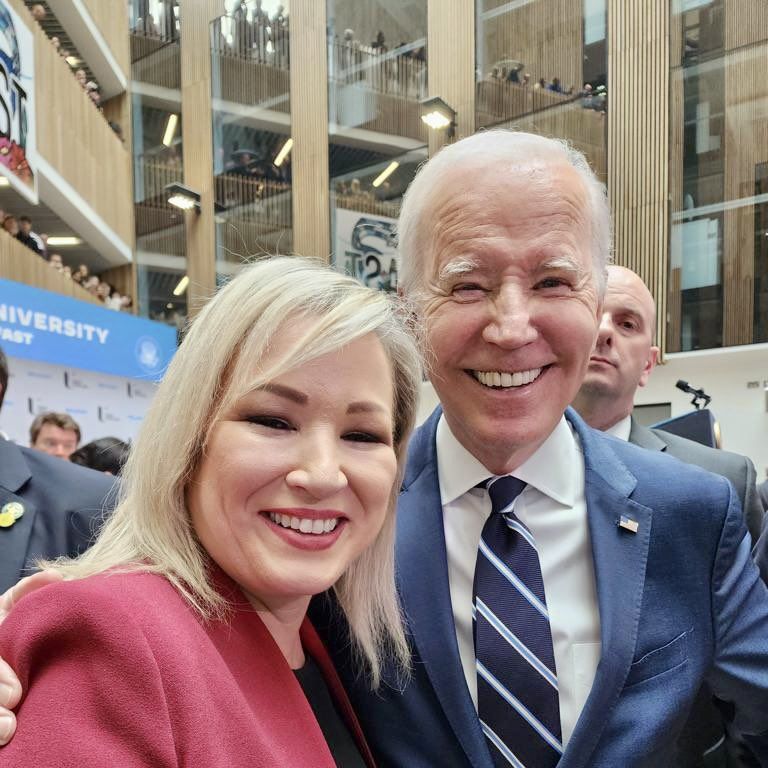 FÁILTE: First Minister Designate Michelle O\'Neill with President Joe Biden at Ulster University today