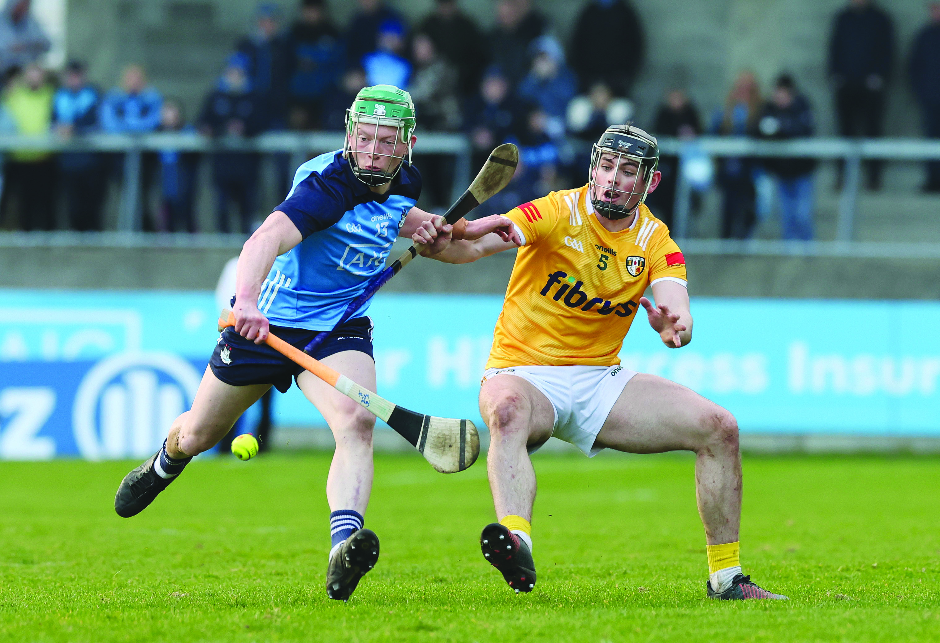 Fergal Whitely is challenged by Gerard Walsh during Dublin’s League win over Antrim in February