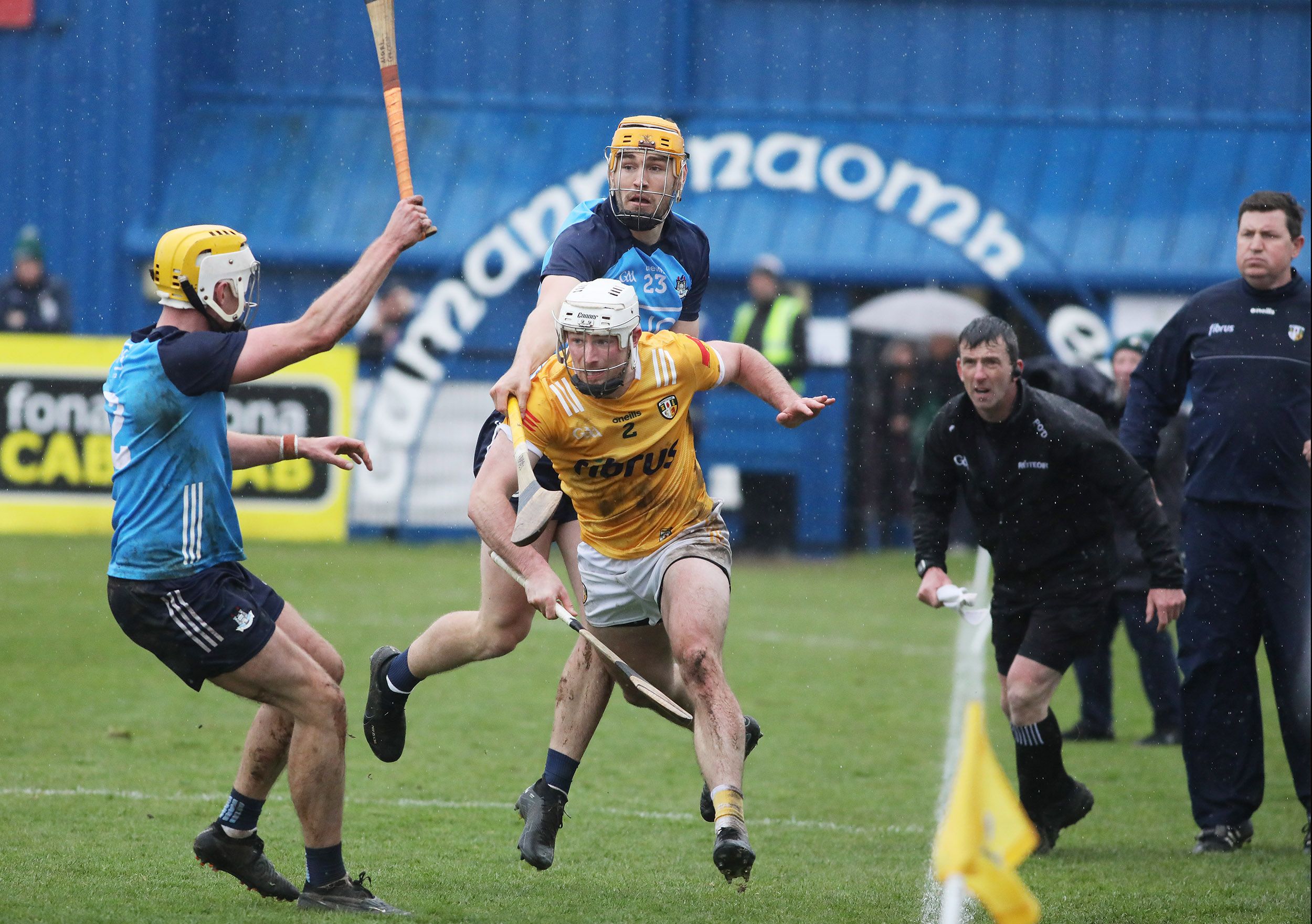 Paddy Burke bursts out of defence at Corrigan Park on Saturday 