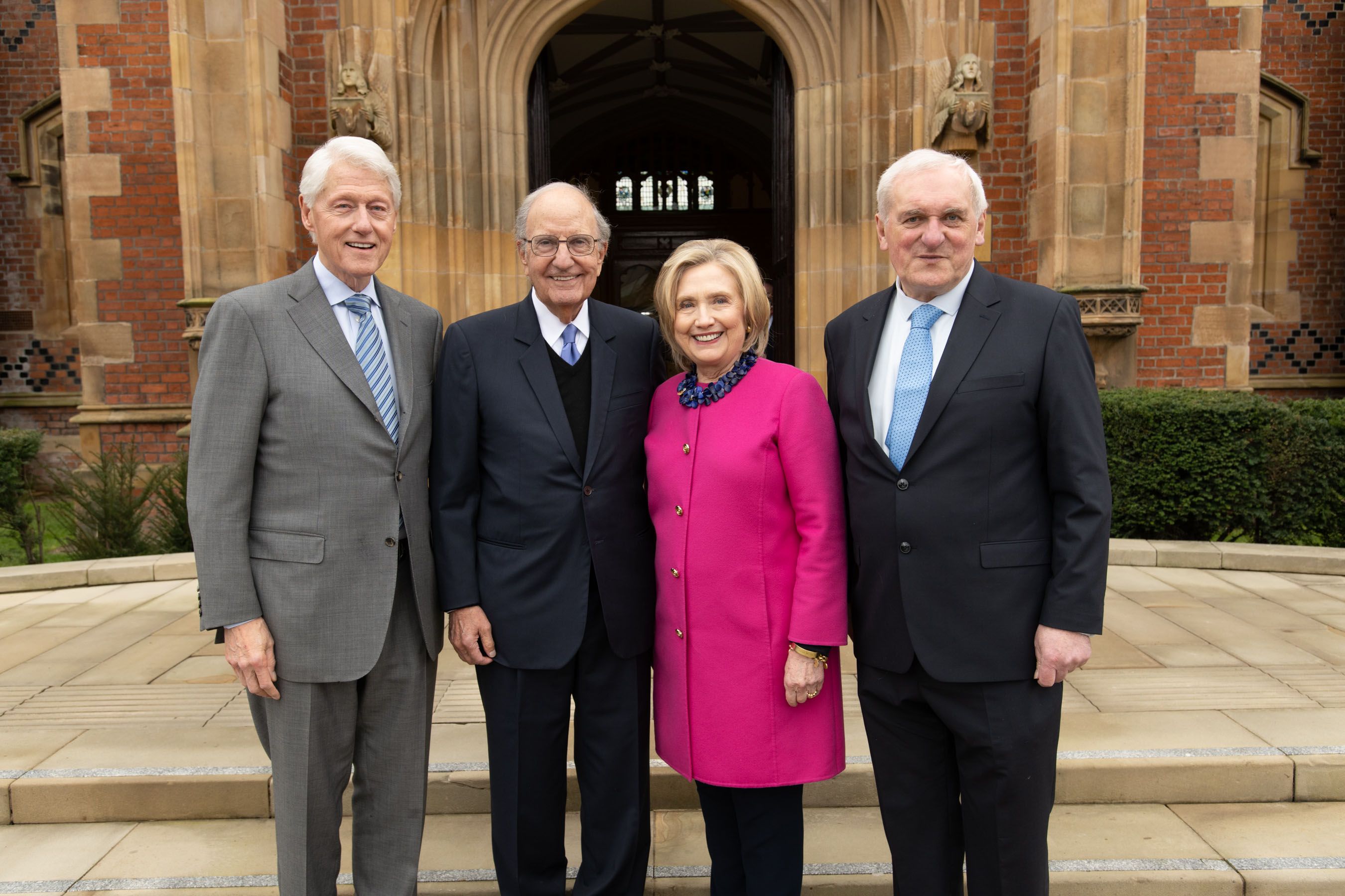 GATHERING: President Clinton, George Mitchell, Hillary Clinton and Bertie Ahern were at Queen\'s University for the GFA anniversary events where unionism heard some hard truths