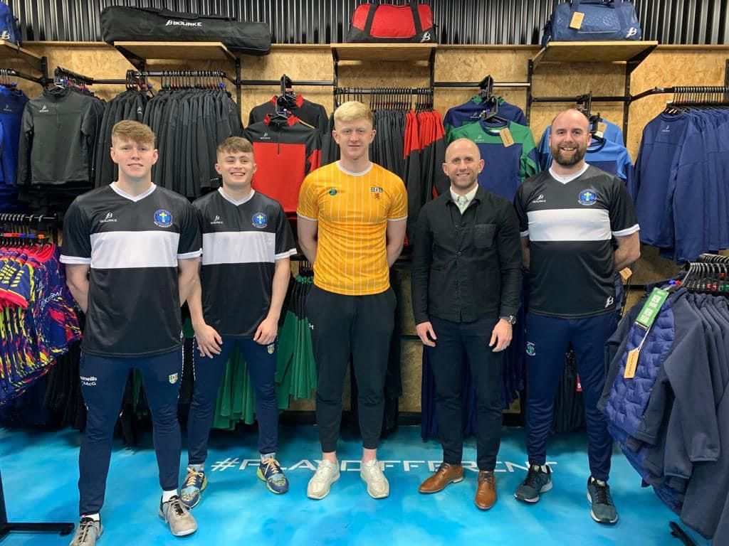 GAME READY: Cormac McGettigan (Antrim GAA), Micheál Ferris, Pat Shivers (Antrim GAA), Michael Pollock (Head of GAA at St John the Baptist PS), Chris Kerr