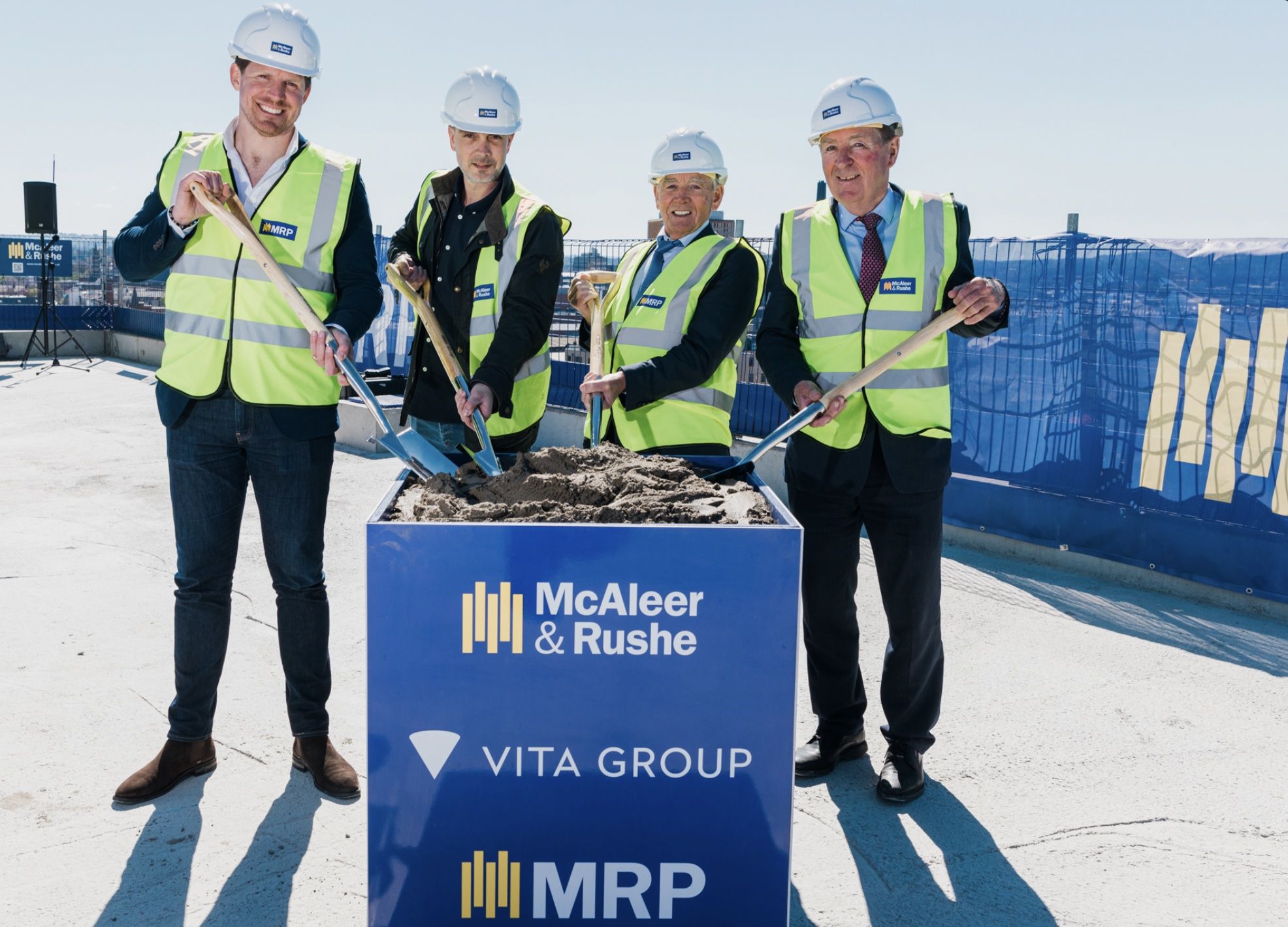 SHOVEL READY: Alex Kelly (Acquisitions Director, Vita Group), Mark Dawson (Executive Director, Vita Group), Seamus McAleer (Founder & Chairman, MRP) and Eamonn Laverty (Group Chief Executive, MRP)