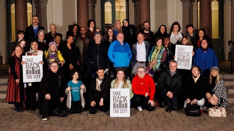 HOUSING: PPR workers outside the Nobody/Somebody Opera based on PPR\'s work with the Take Back the City campaign to build social housing on Department for Communities