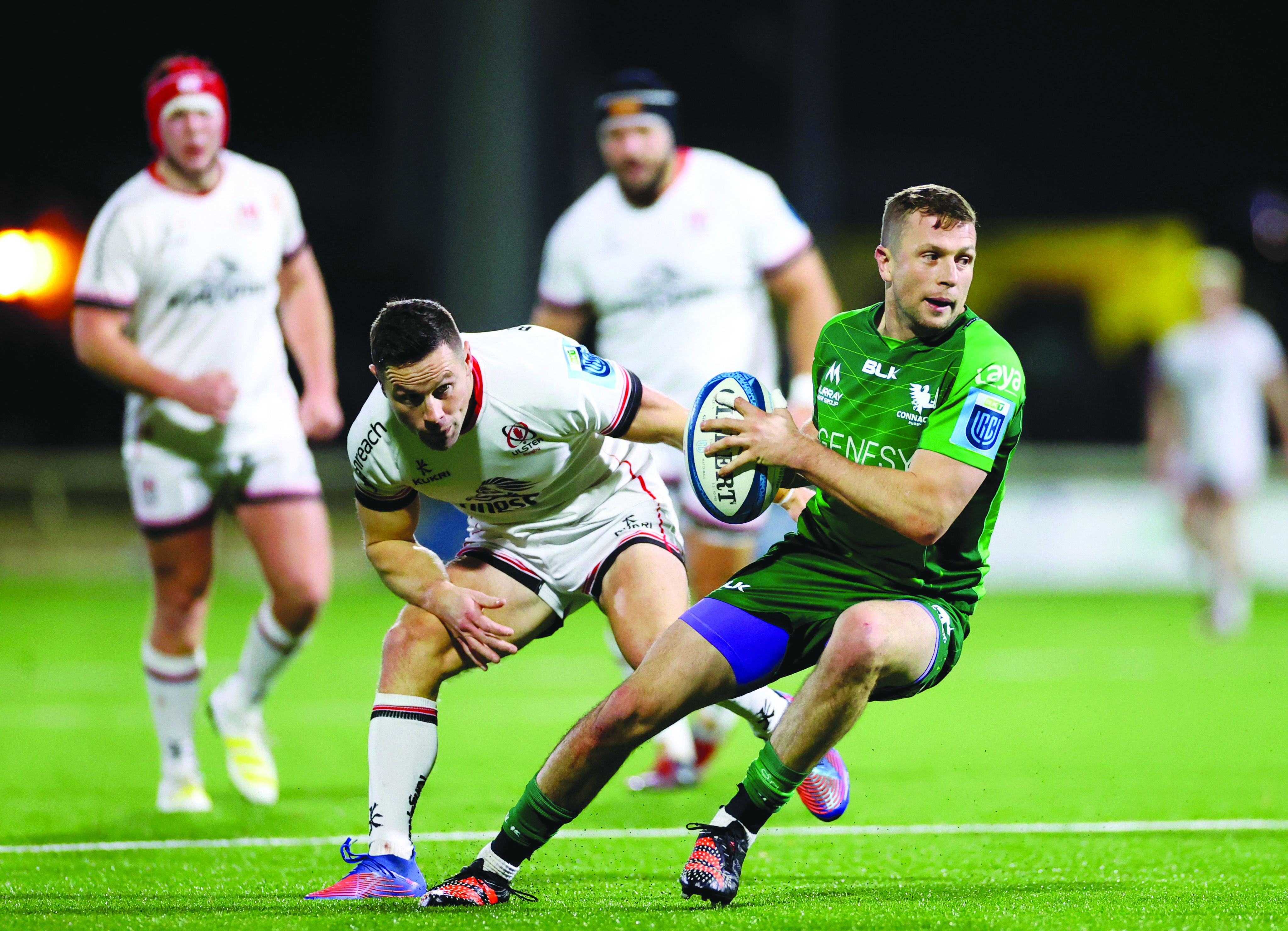 John Cooney and Jack Carty in action during Ulster’s win over Connacht at the Sportsground in December
