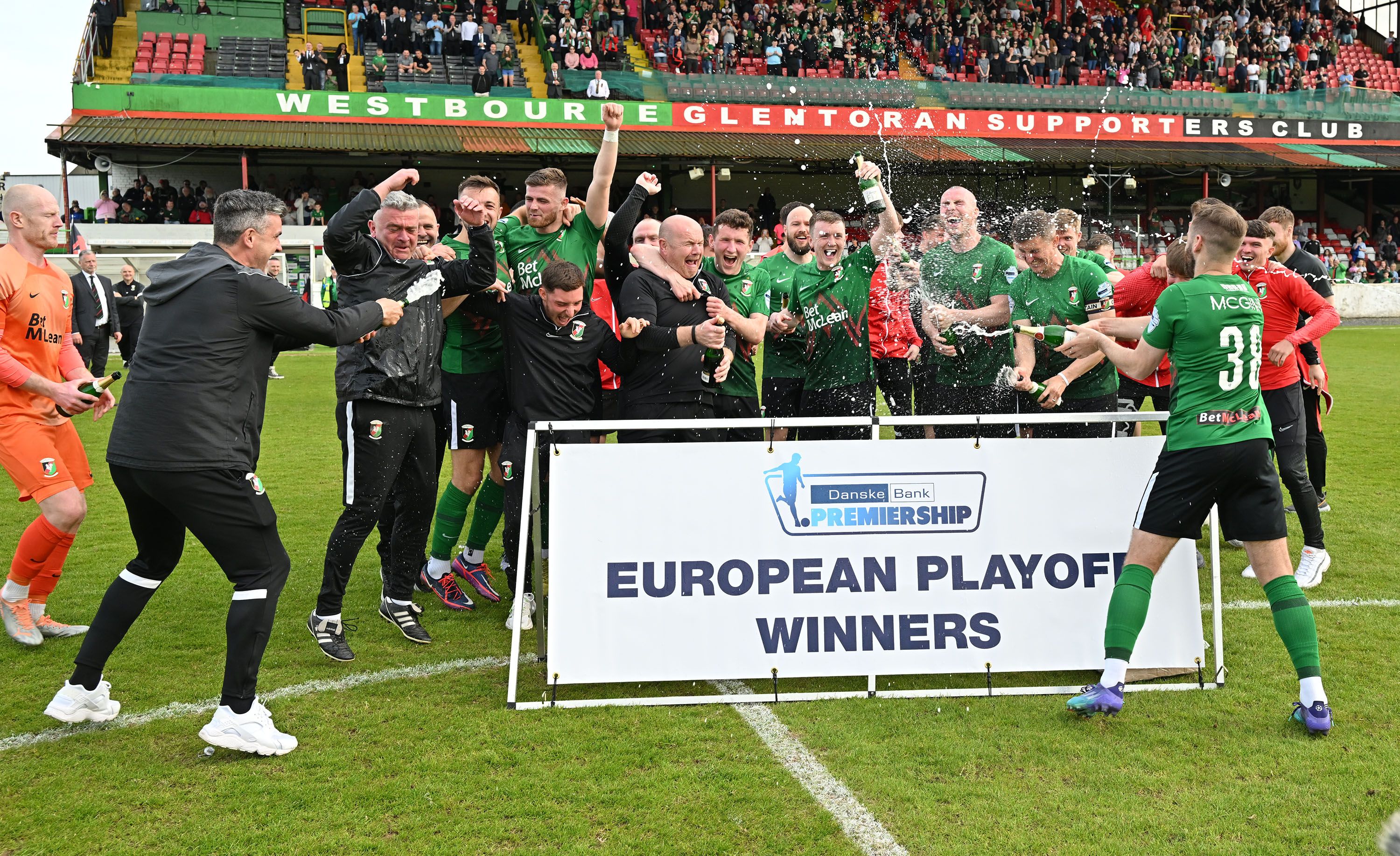 Glentoran celebrate their victory that booked European football this summer