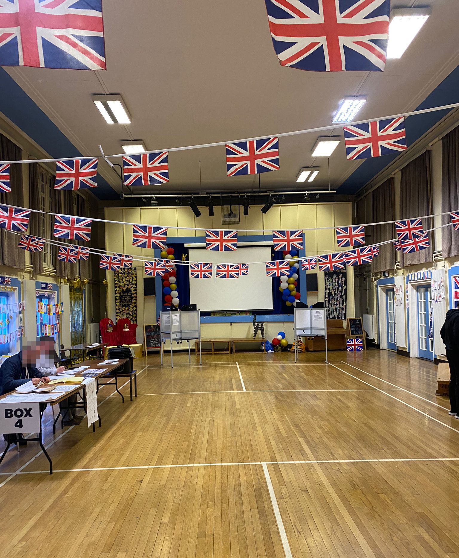 GAUNTLET: The assembly hall of Blythefield PS bedecked in union flags
