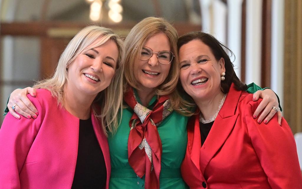 MAITH THÚ: Sinn Féin president Mary-Lou McDonald and vice-president Michelle O\'Neill congratulate Tina Black on being re-elected to Belfast City Council