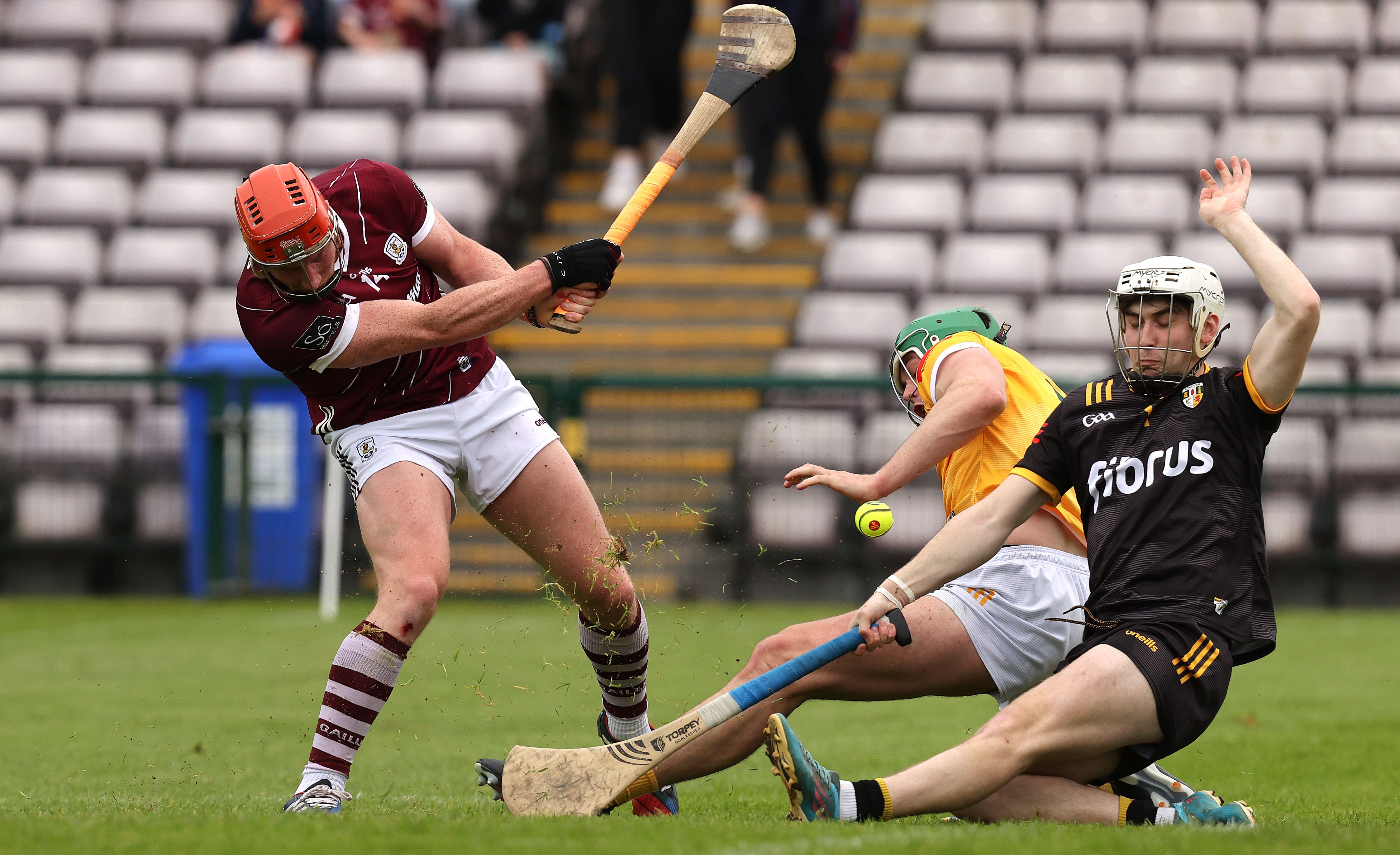 Conor Whelan whips home Galway\'s first goal against Antrim in Salthill