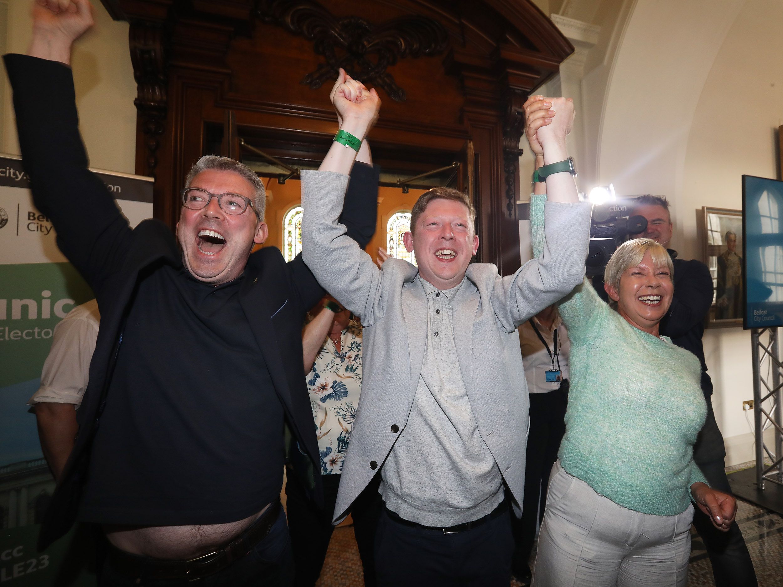 ELATED: Sinn Féin\'s Pádraig Donnelly with brother Senator Niall Ó Donnghaile and former Titanic DEA councillor Mairead O\'Donnell after her election