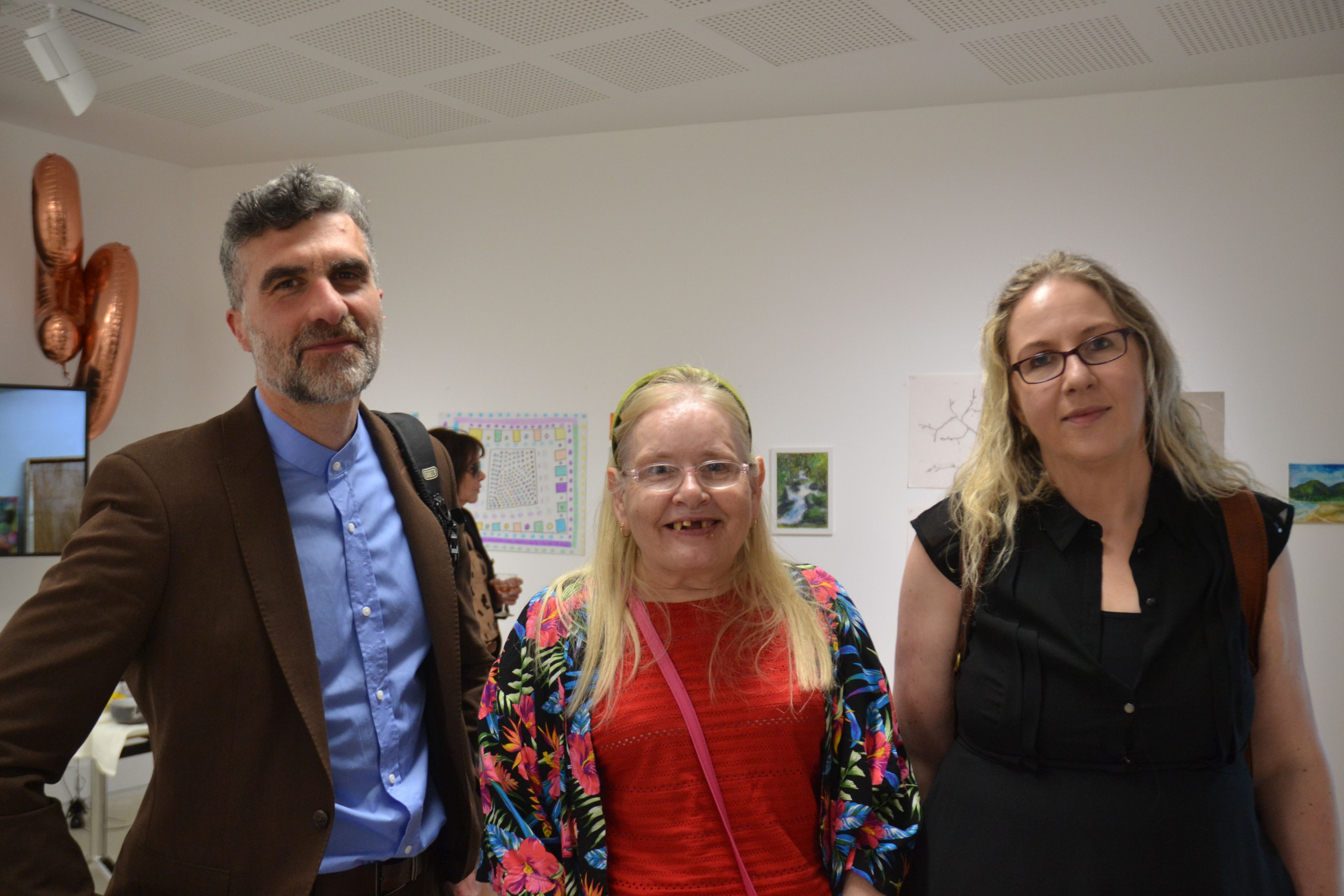 EXHIBITION: Dr Brian Dixon, Head of Belfast School of Art, Anna Canavan, artist, and Dr Cherie Driver, School of Art Associate Head, at the Maker Mall opening 