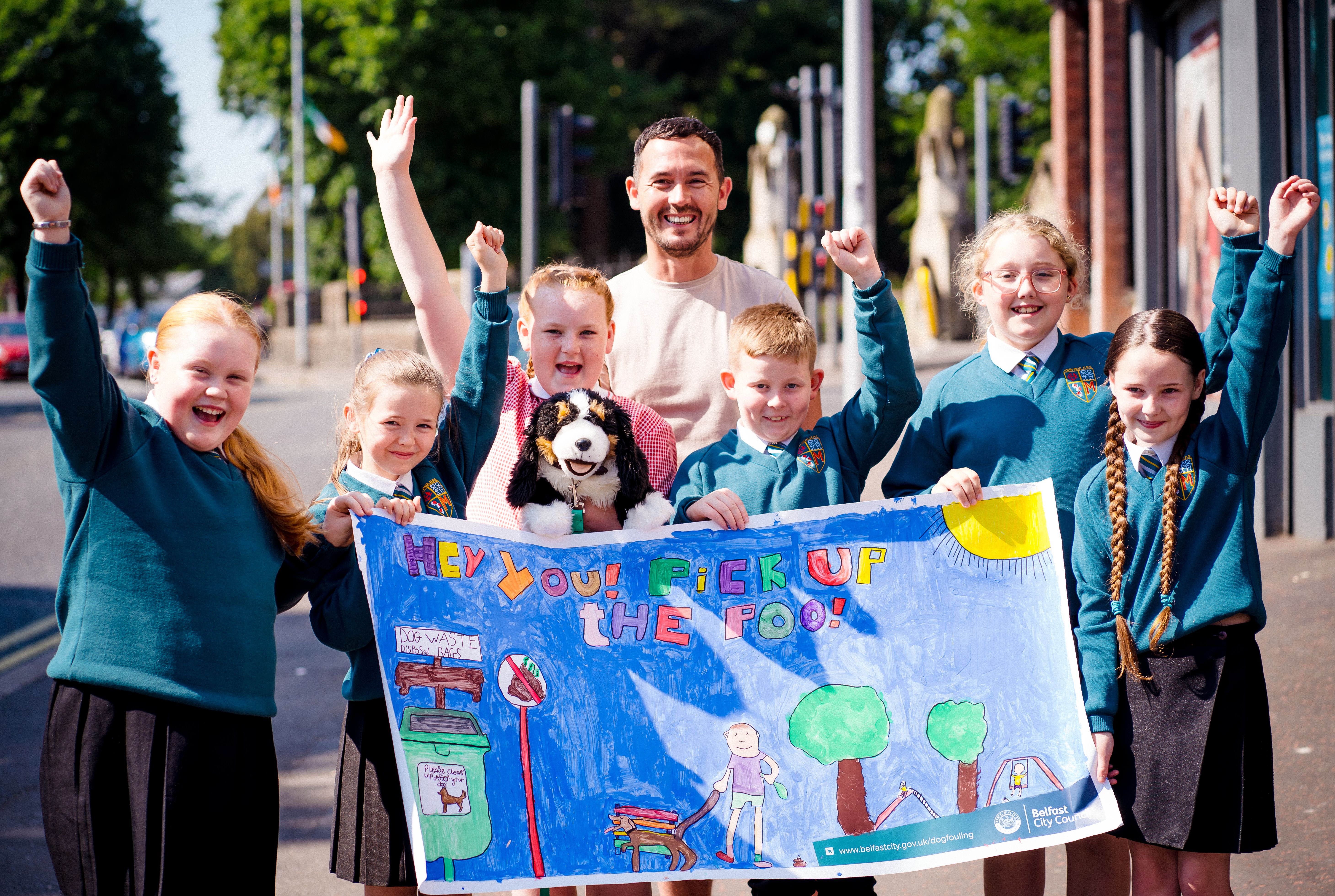 BILLBOARD: Erin Williams, Abigail Adams, Madison O\'Connor, Harley McKiernan-McCartan, Sophia McKissock, Alicia Donnelly from John Paul II PS with Councillor Micheal Donnelly