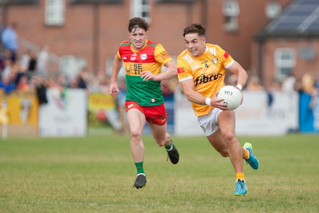 Eoghan McCabe makes a burst forward during Antrim\'s win over Carlow on Sunday 