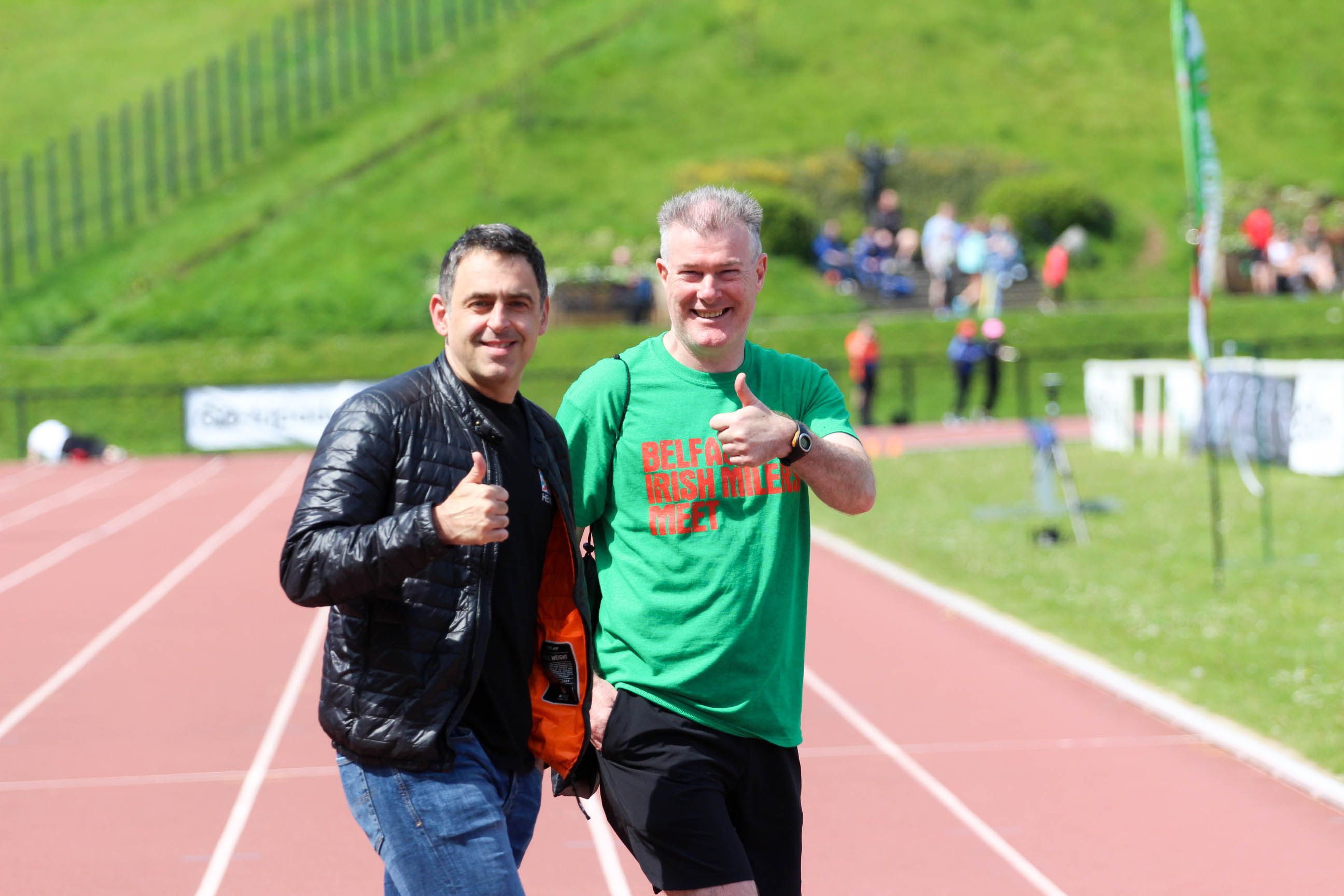 Belfast Irish Milers Meet Race Director Eamonn Christie with Ronnie O\'Sullivan at the 2023 event 