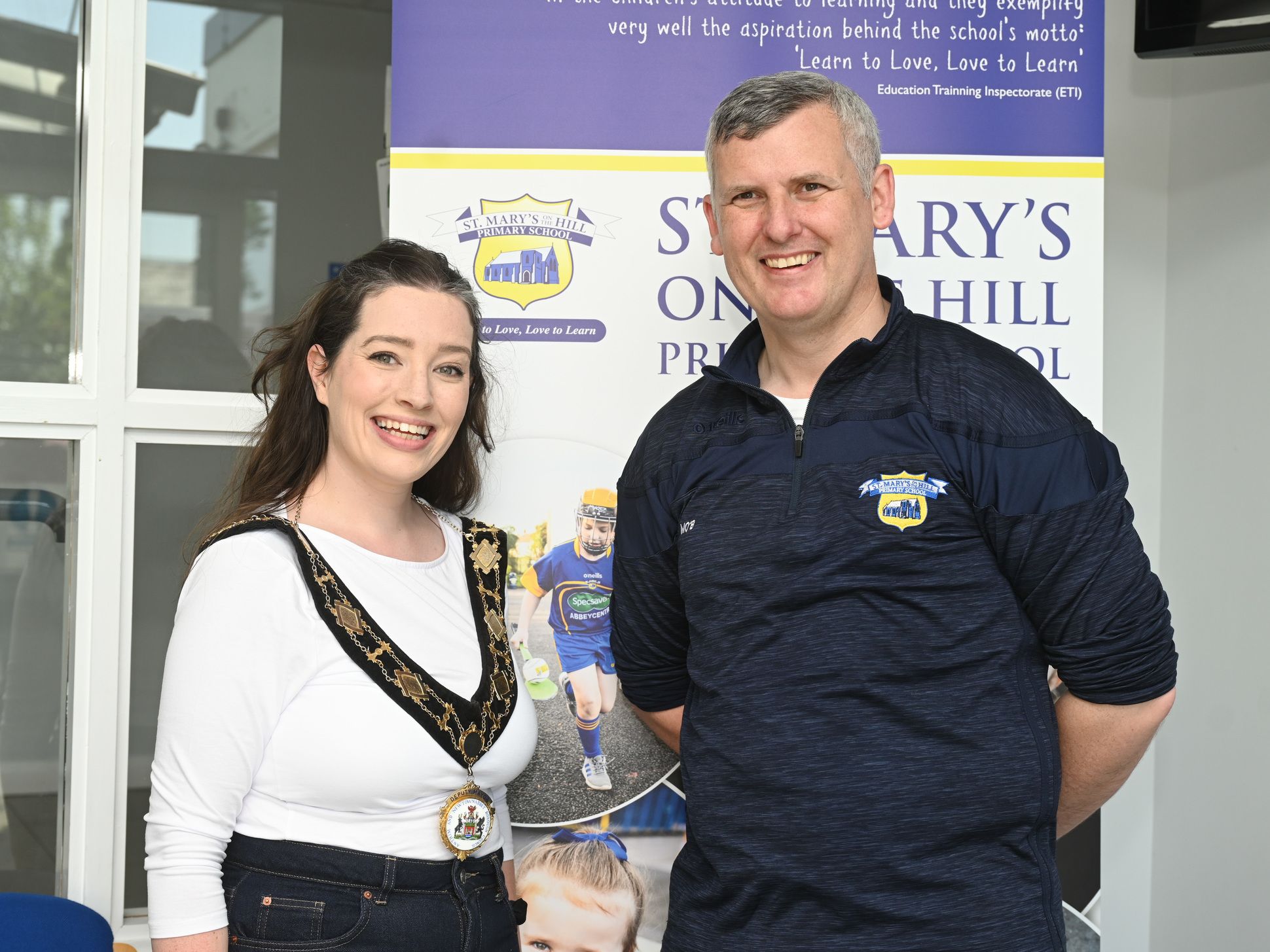 Antrim and Newtownabbey Deputy Lord Mayor Rosie Kinnear with Matthew O'Brien, Principal of St Mary's on the Hill PS