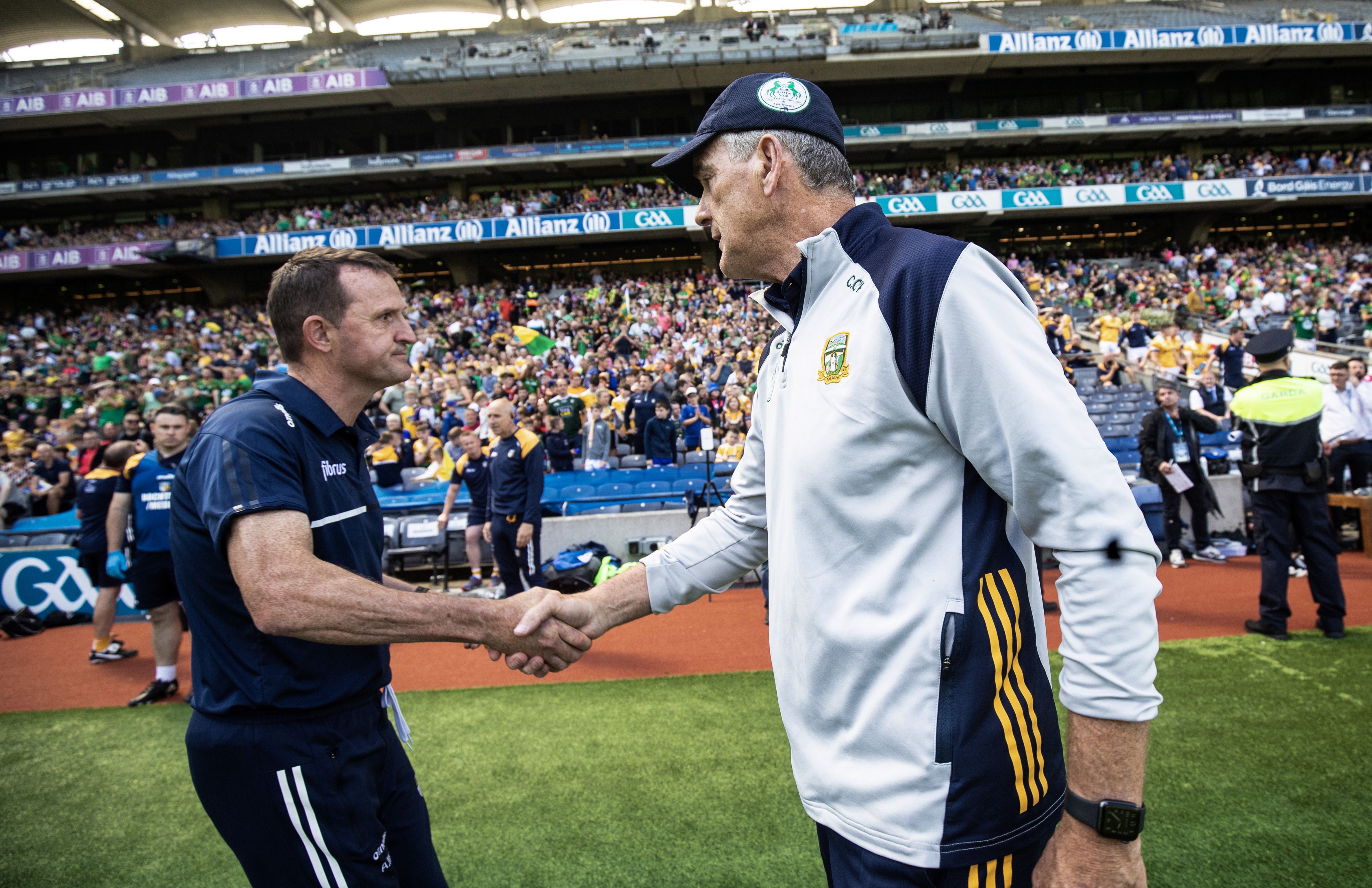Andy McEntee congratulates Meath manager Colm O\'Rourke after Sunday\'s semi-final 
