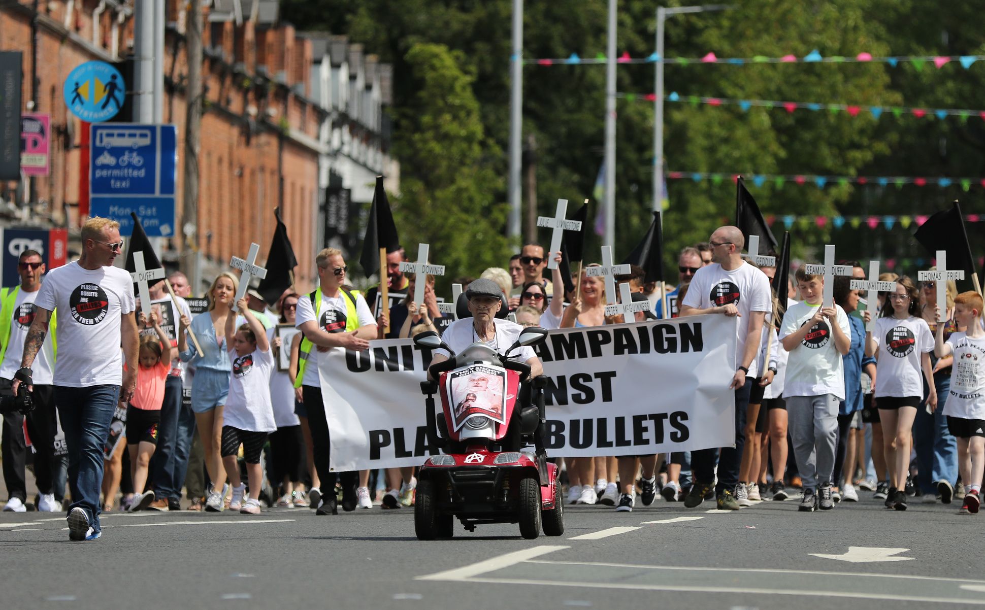 CAMPAIGNER: Jim McCabe on a United Campaign Against Plastic Bullets march shortly before his death in January 2023