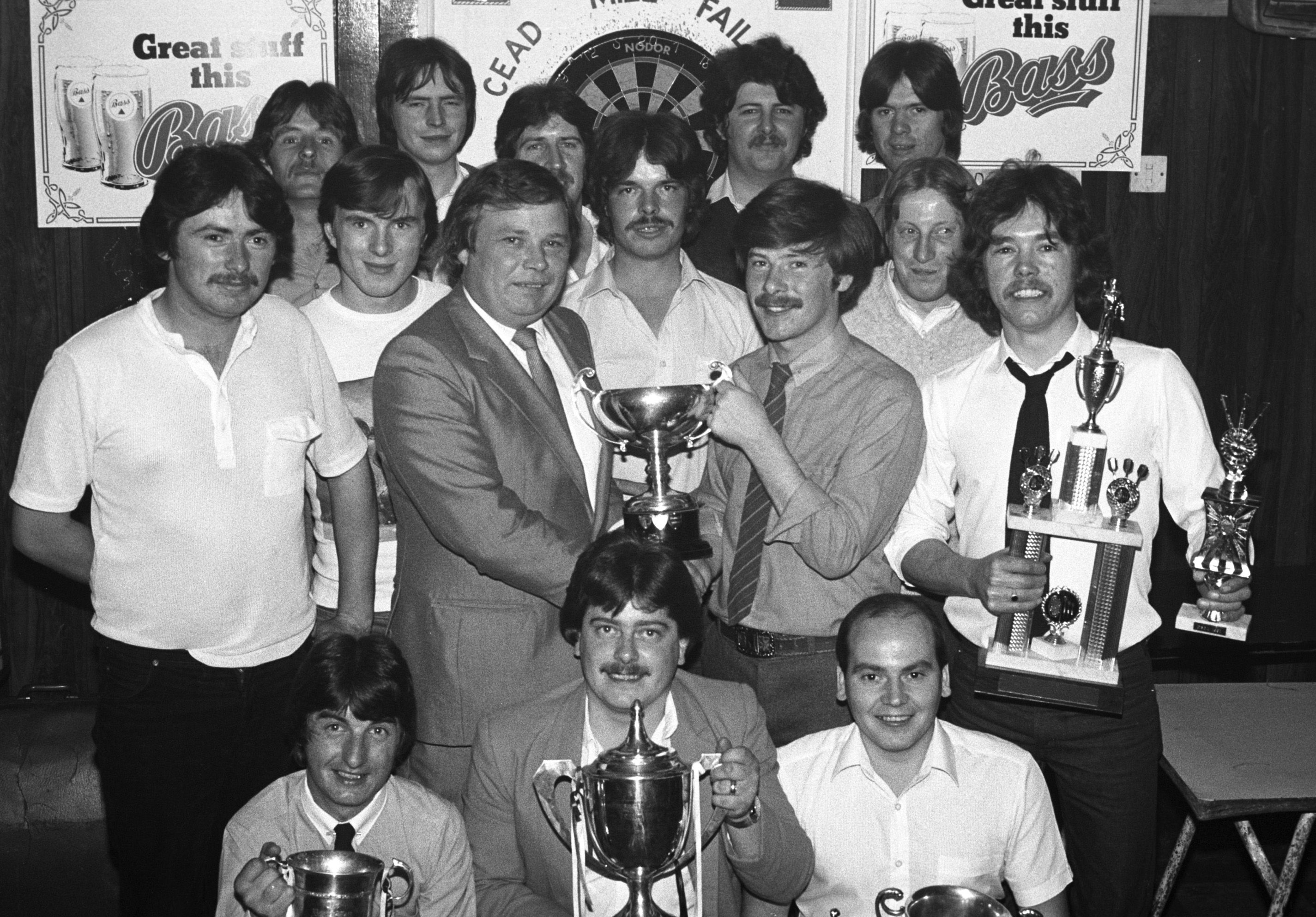 Rowdies team captain Jim Flannigan and Brian Martin with the Corona Cup at the North Belfast Darts League presentation in the Highfield Club in 1982