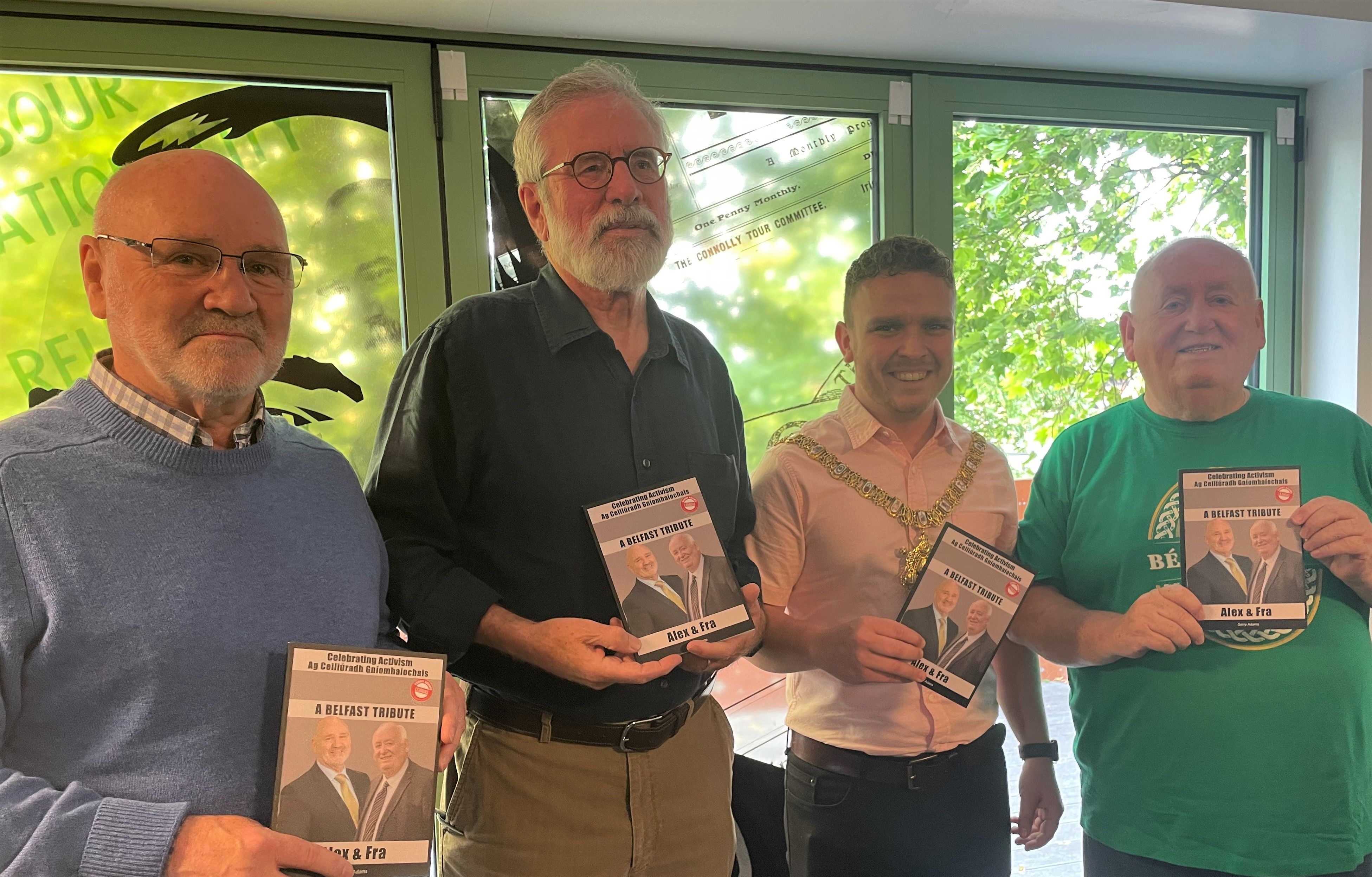 LAUNCH: Alex Maskey, Gerry Adams, Lord Mayor Ryan Murphy and Fra McCann with the book
