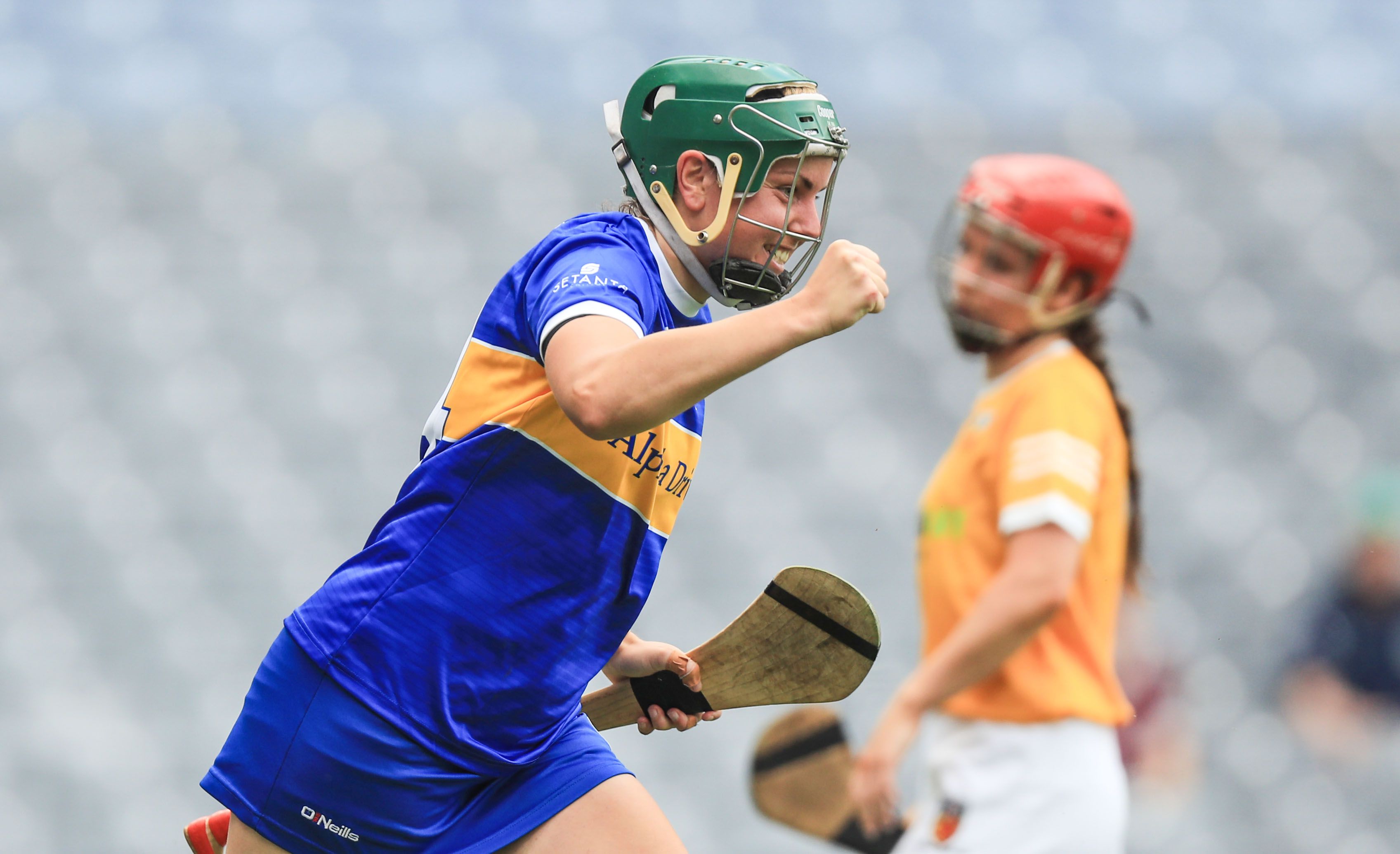 Top-scorer Cait Devane celebrates hitting the net for Tipperary in Saturday\'s All-Ireland Camogie Championship quarter-final against Antrim at Croke Park