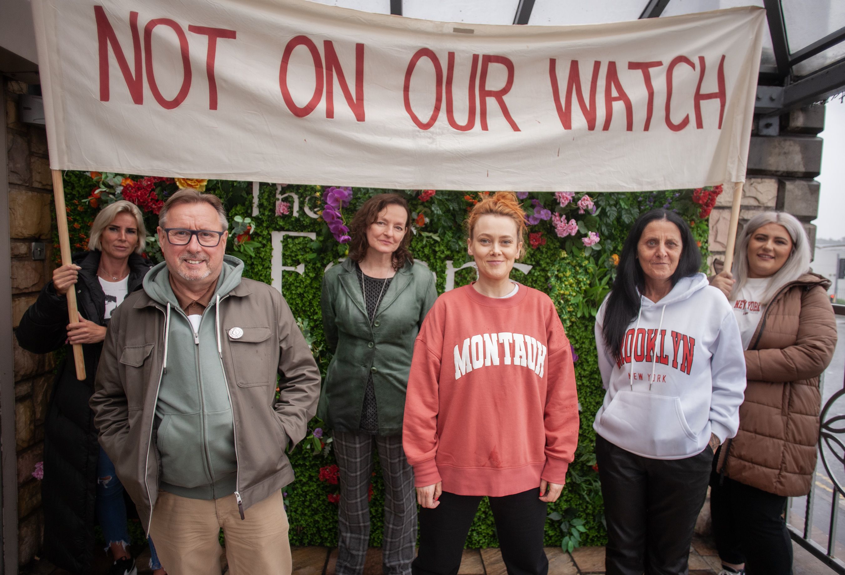 STADING TOGETHER: Worker Emma McCann with Davy Kettyles from Unite, Kabosh\'s Paula McFetridge, actor Bernadette Brown and workers Sonia and Caoimhe Kinghan