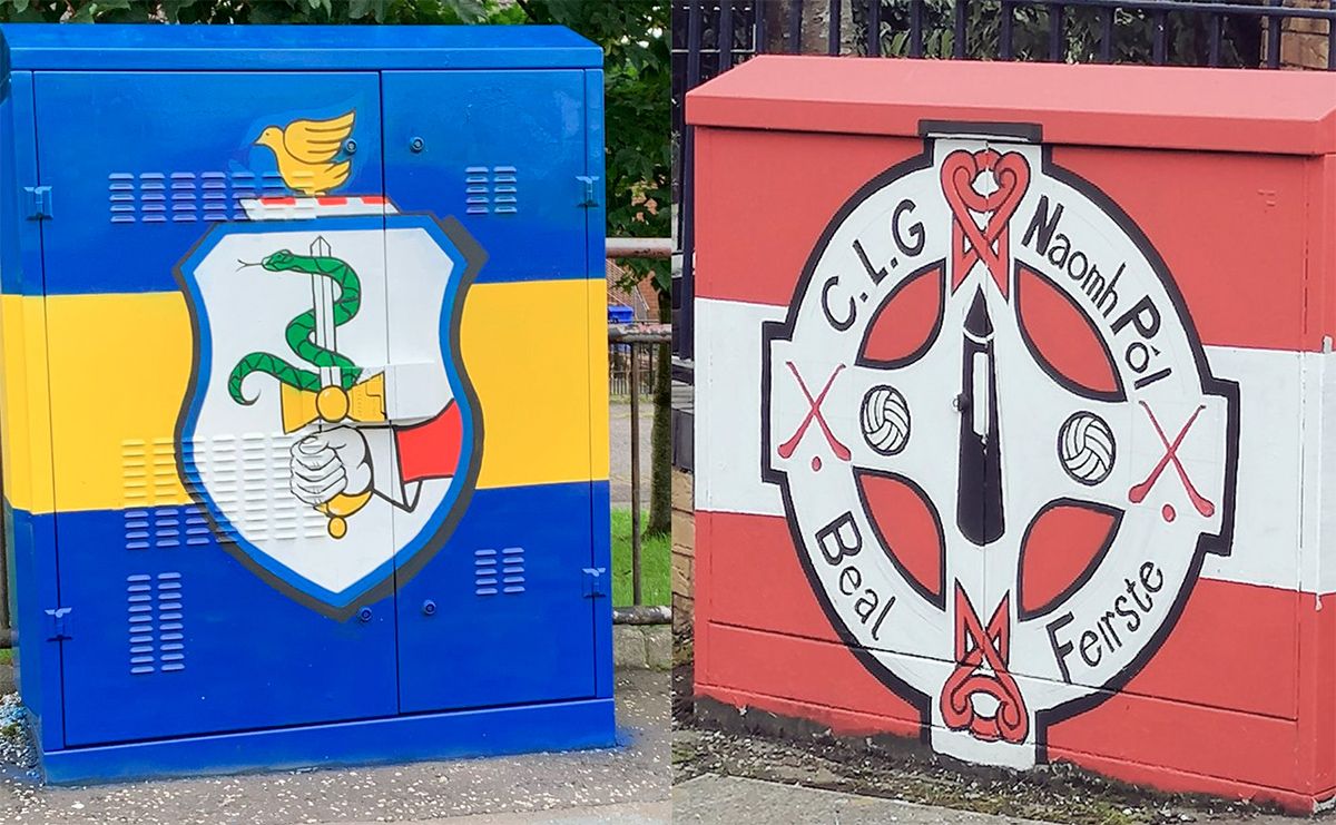 BADGES: The Rossa GAC and St Paul\'s GAC crests on electricity boxes on the Shaws Road