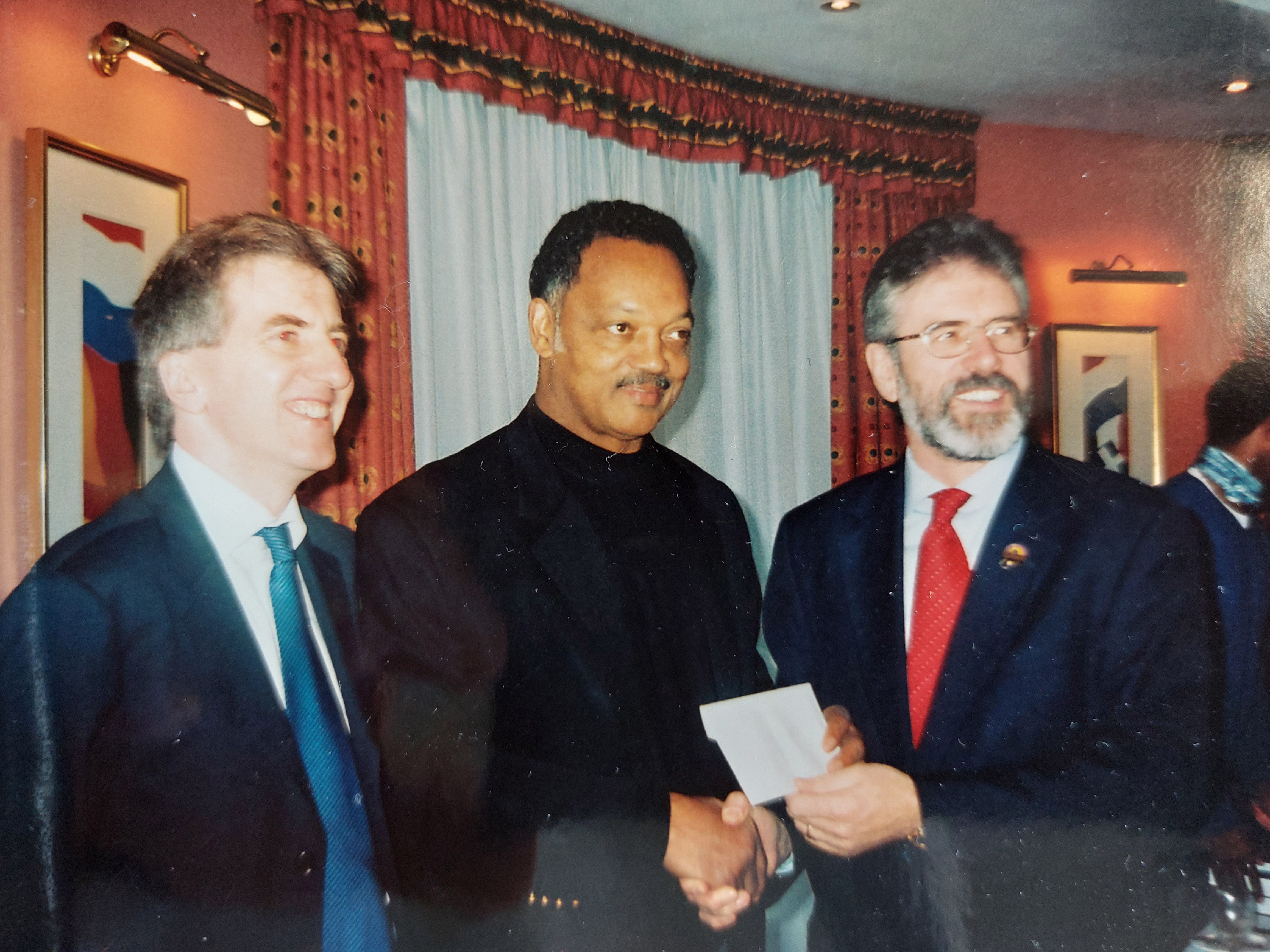 VISIT: The Belfast Media Group\'s Máirtín Ó Muilleoir, Rev Jesse Jackson and Gerry Adams after the 2004 Aisling Awards in the Europa Hotel