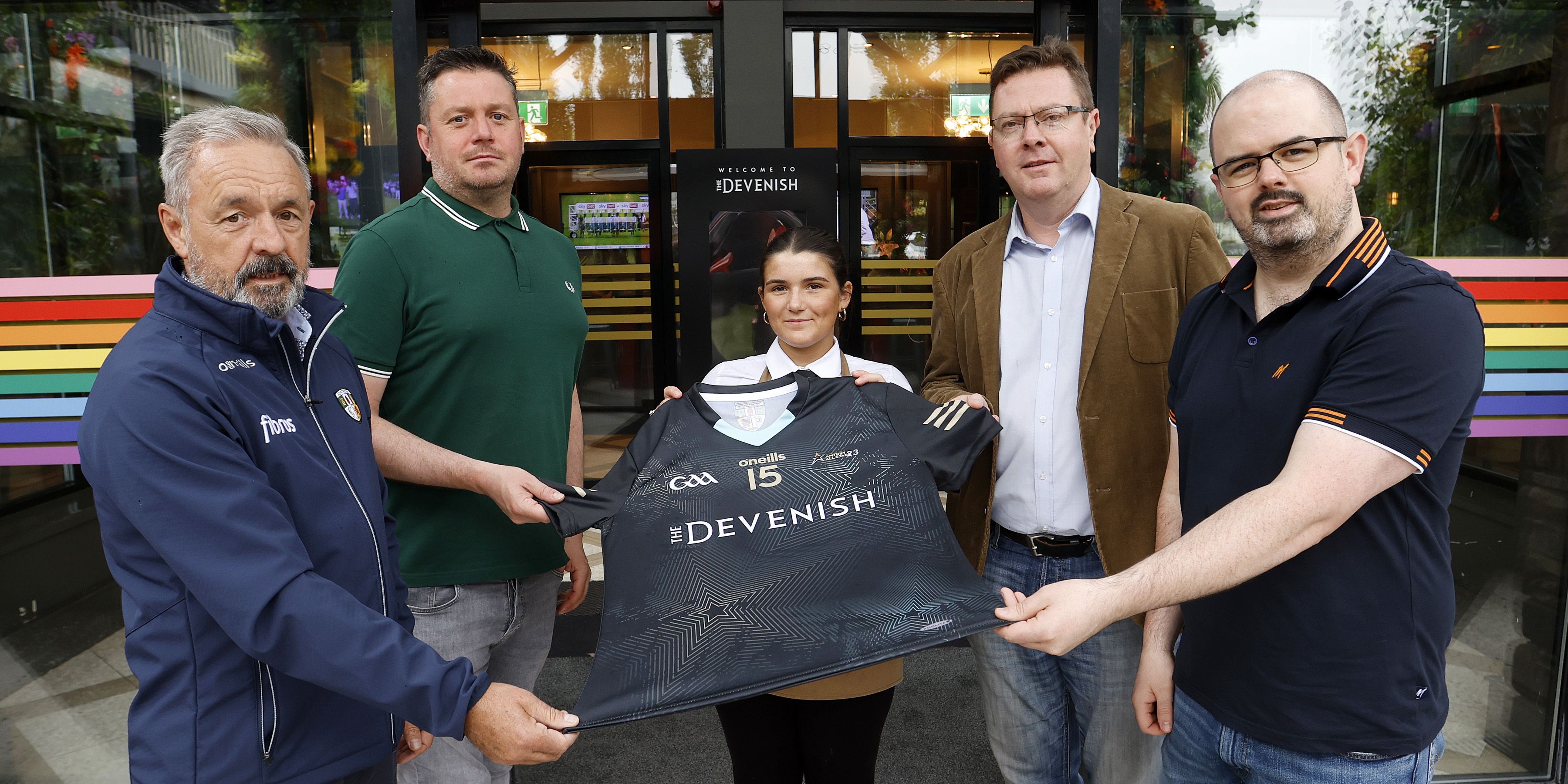 Pictured at the launch of the 2023 Antrim GAA Club Allstars at the Devenish are (L-R): Antrim GAA secretary, Frankie Quinn, David Mohan, Eva from the Devenish Complex, Brendan Crossan and Paddy Tierney 