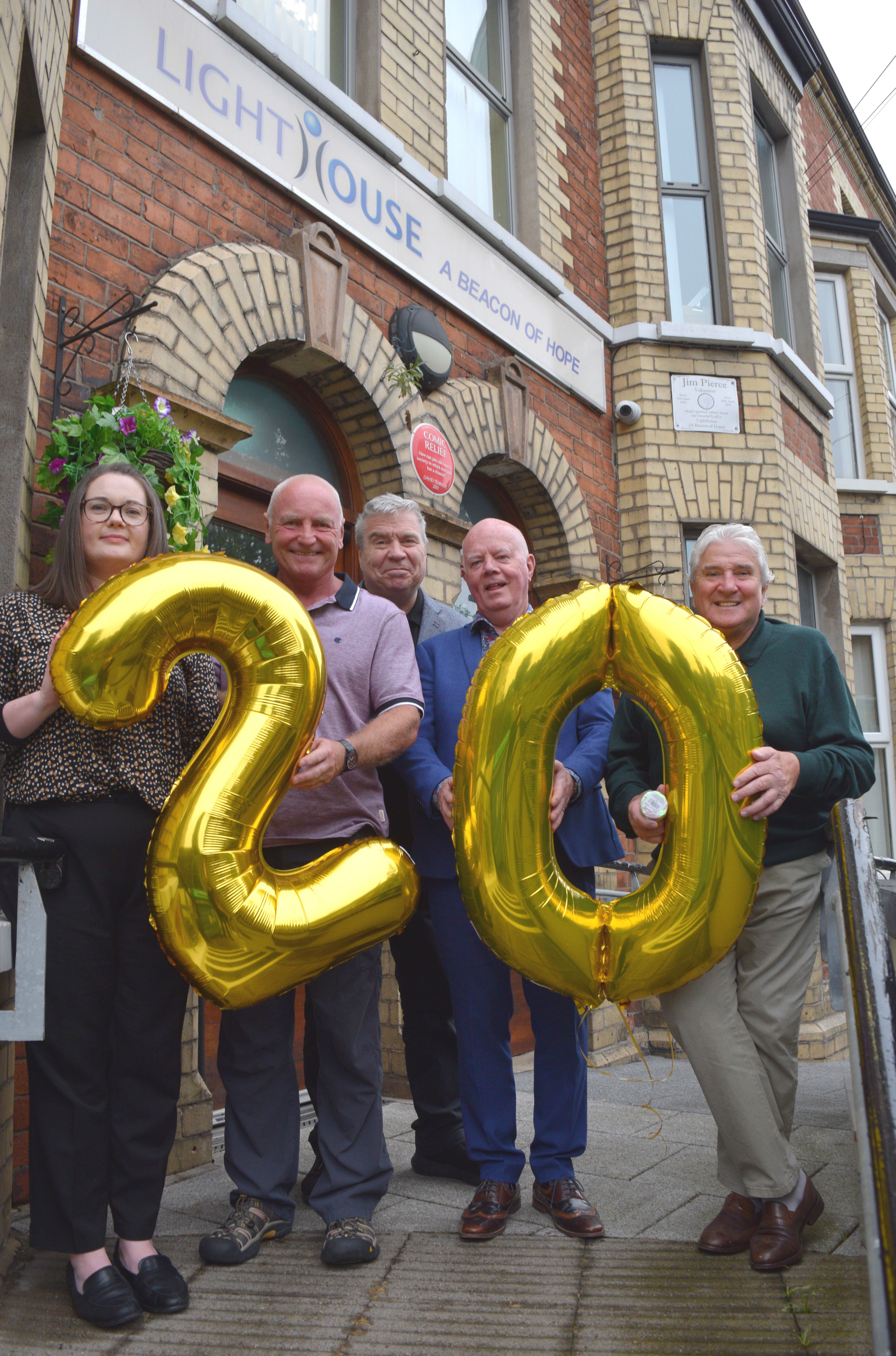 TOGETHER: From left, Lighthouse Trustee Fiona Mooney, former sports presenter Mark Robson, DJ Johnny Hero, Lighthouse Executive Director Paul Finnegan, and entertainer John 