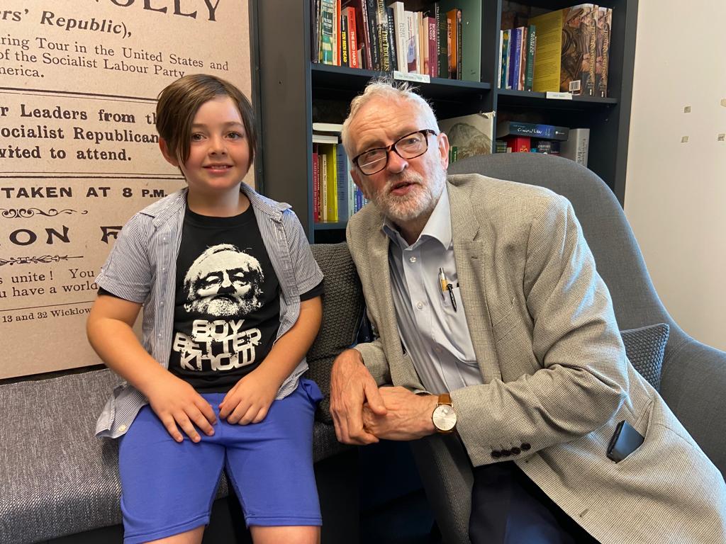 MEETING YOUR HERO: Jeremy Corbyn, MP for Islington North, with Henry Archer wearing a Jeremy Corbyn t-shirt in the James Connolly Centre today