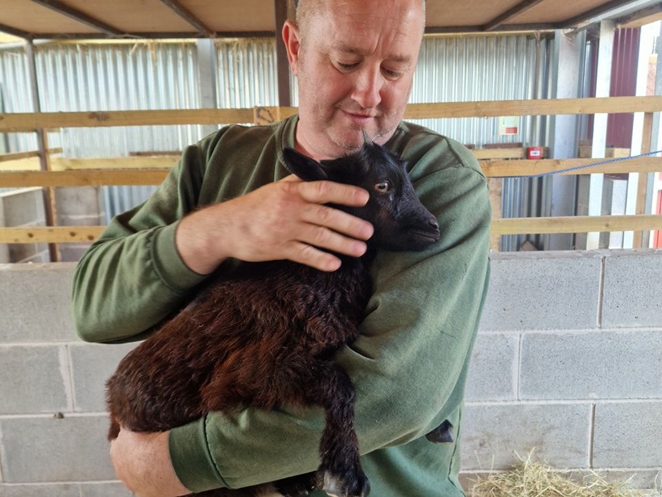 BONDING: Damien Lindsay with one of the pygmy goats