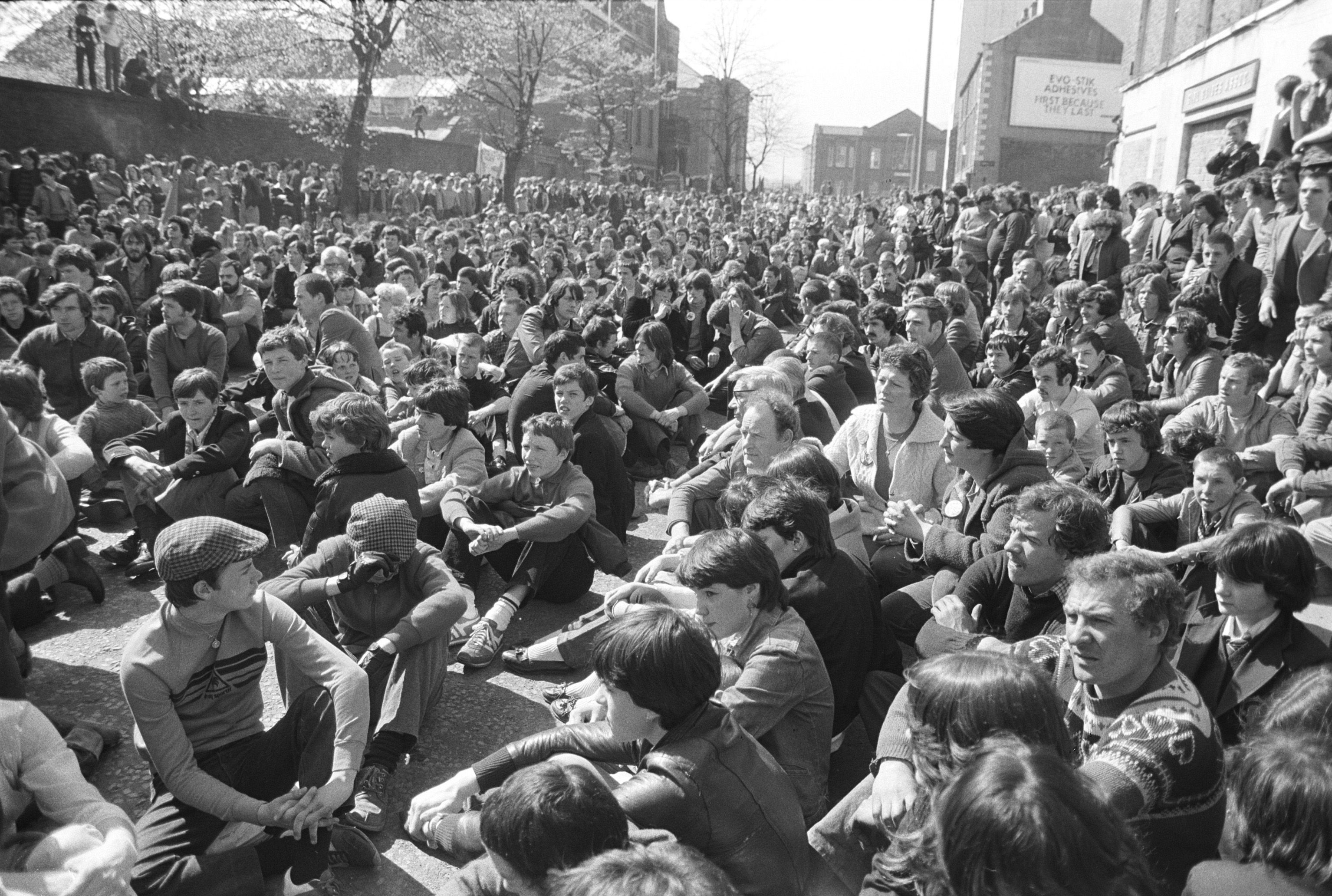 SOLIDARITY: Supporters of the hunger strikers stage a sit-down protest on 11 April 1981 after a march to back the prisoners was stopped at College Square East and prevented from reaching City Hall (all republican and nationalist demonstrations were banned