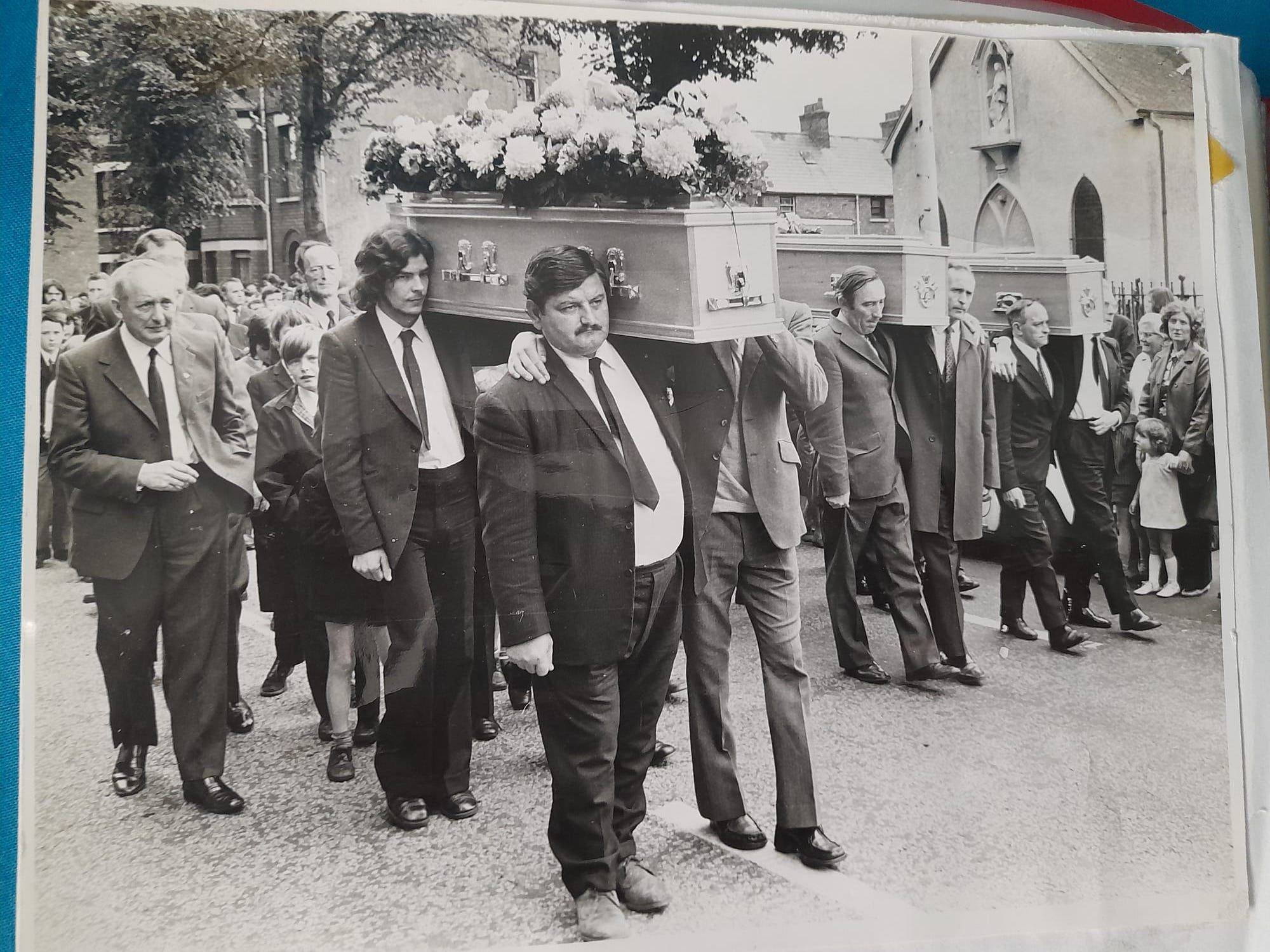 50 YEARS ON: The funeral of Anthony McGrady, Sean McDonald and Ronnie McDonald at St John\'s on the Falls Road in August 1973