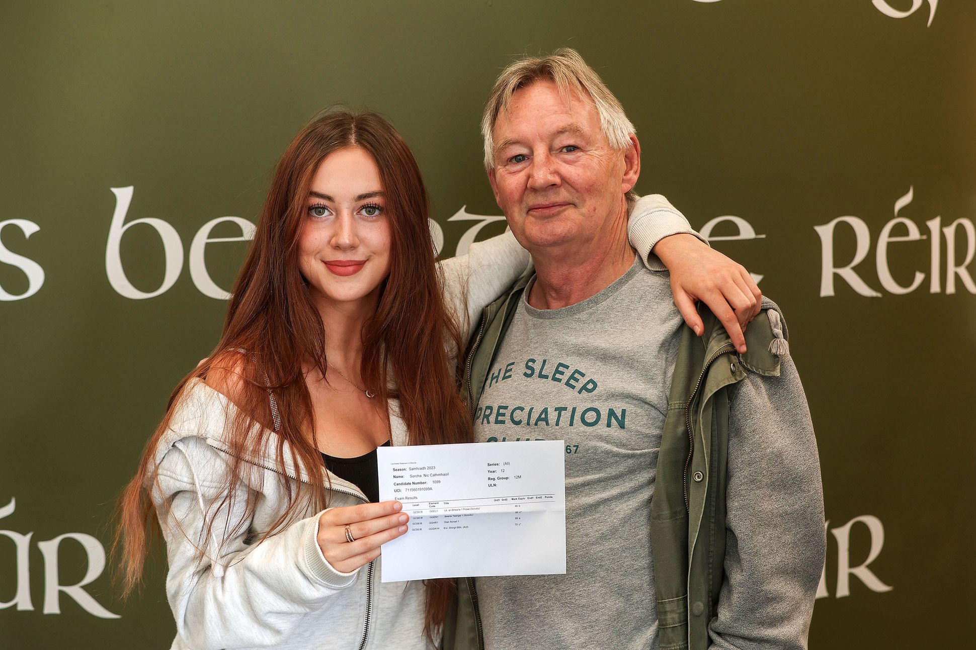 Coláiste Feirste pupil Sorcha Nic Cathmaoil with her dad, Flair Campbell