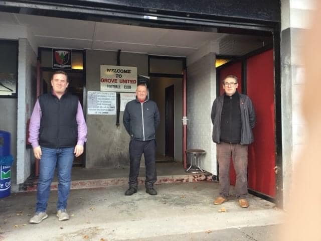 MALGROVE PROJECT: Sinn Féin councillor Conor Maskey and DUP councillor Fred Cobain with Brian Boyd of Grove United