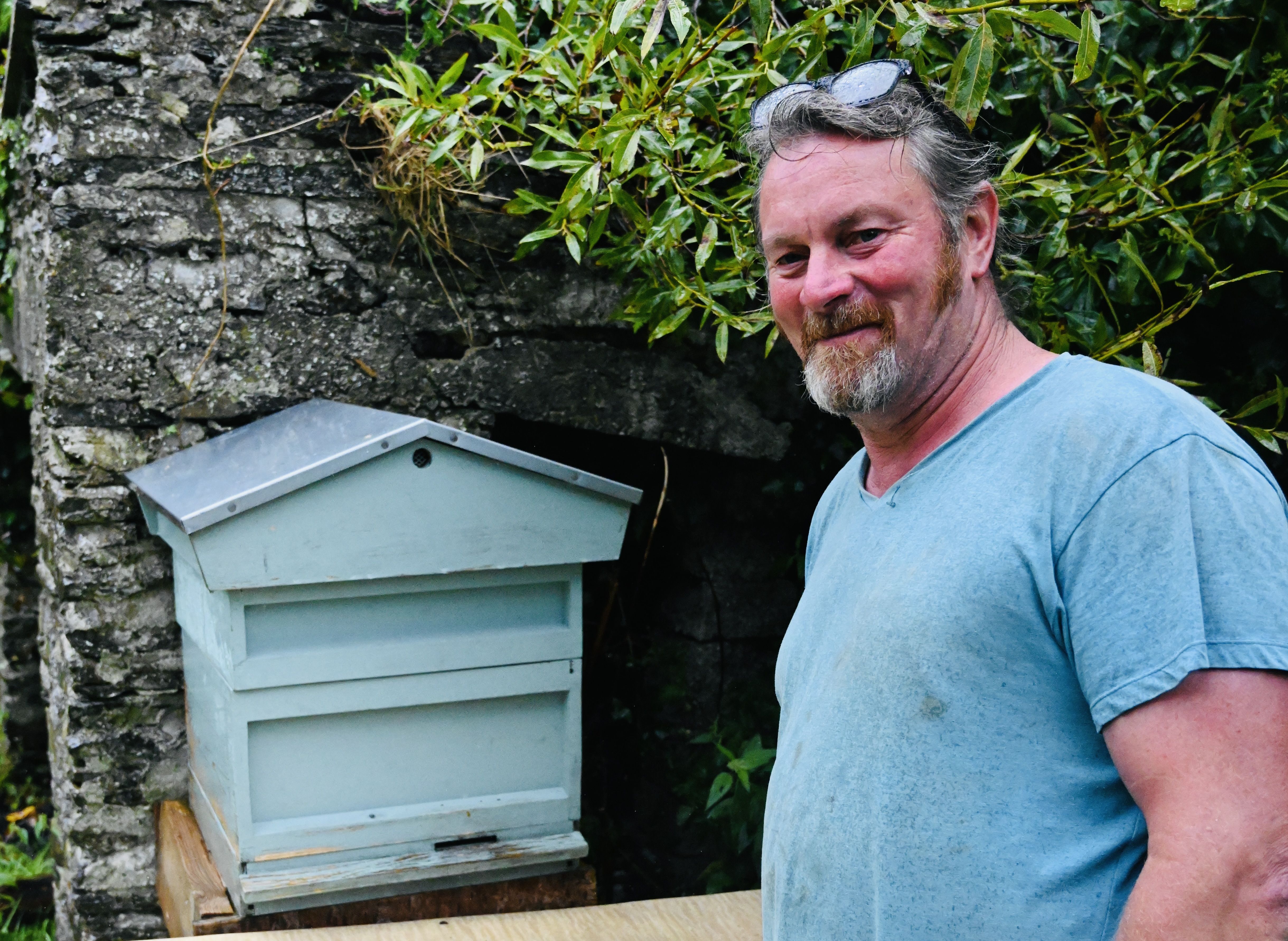 JOB DONE: Éamon Jackson with his hive of black Irish honey bees